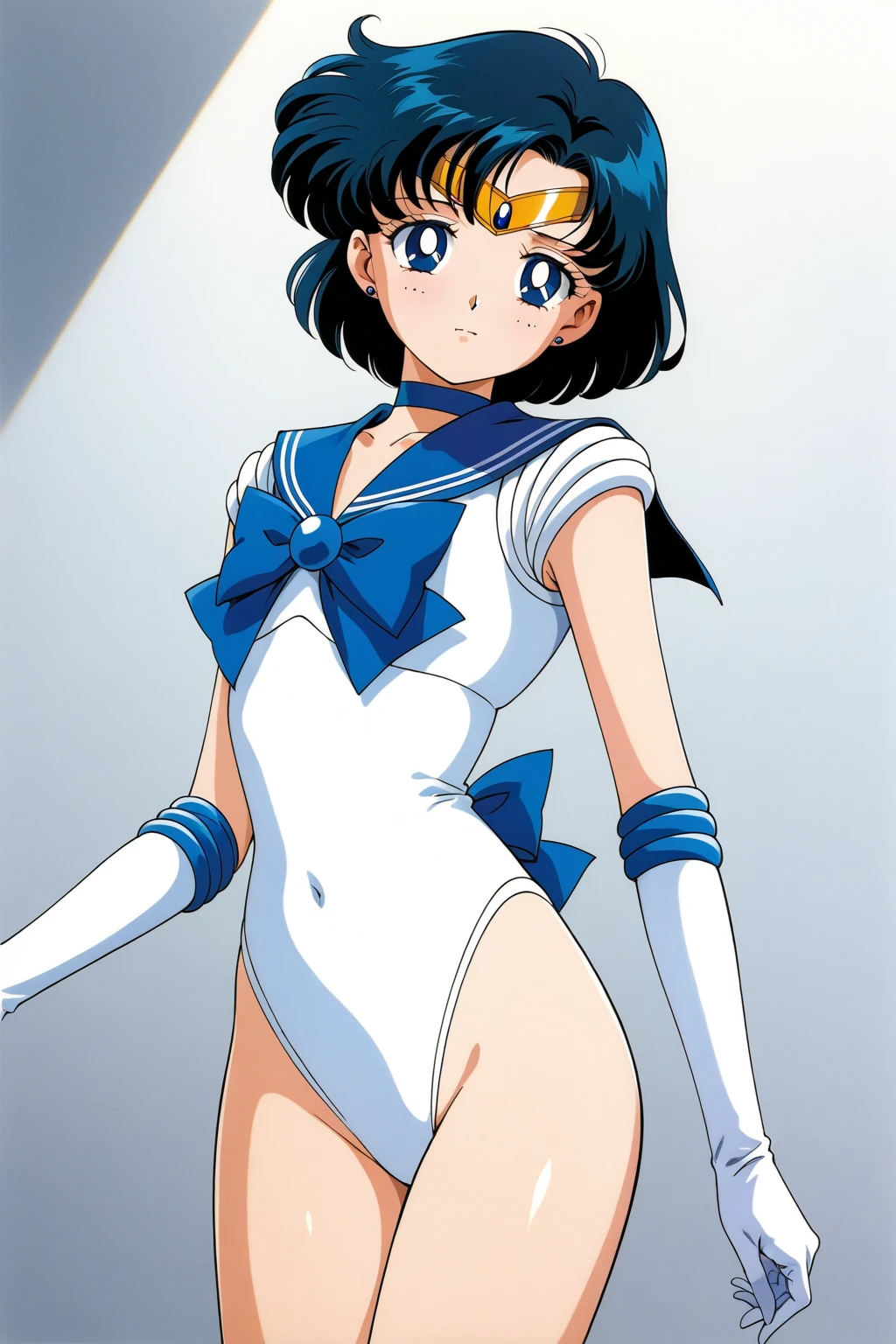 masterpiece, best quality, highres, mer1, tiara, sailor senshi uniform, blue sailor collar, bow, knee boots, choker, white gloves, blue choker, elbow gloves, jewelry, earrings, blue skirt, <lora:mercury_v2:0.7>, cowboy shot, 1990s \(style\), outdoors, lifted by self, white leotard,