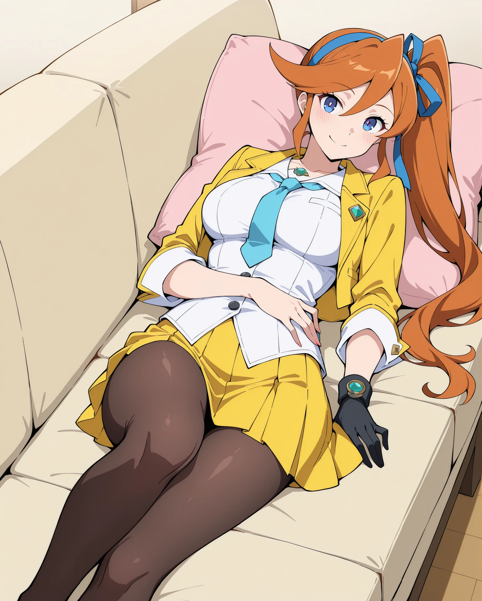 Athena Cykes \ace attorney\, athena_cykes,
dark blue eyes, orange hair, long side ponytail, blue hair ribon,
short yellow jacket,
white shirt,
blue necktie,
single glove,
short yellow skirt,
dark brown pantyhose, black pantyhose,
happy, seductive expression, looking at viewer, solo,
laying on sofa, laying on back, cushions,
living room, furnitures,
1 beautiful girl, single view,
cute anime waifu, mature anime female, milf, motherly, womanly, thin body, anime coloring, flat colors, medium breasts,