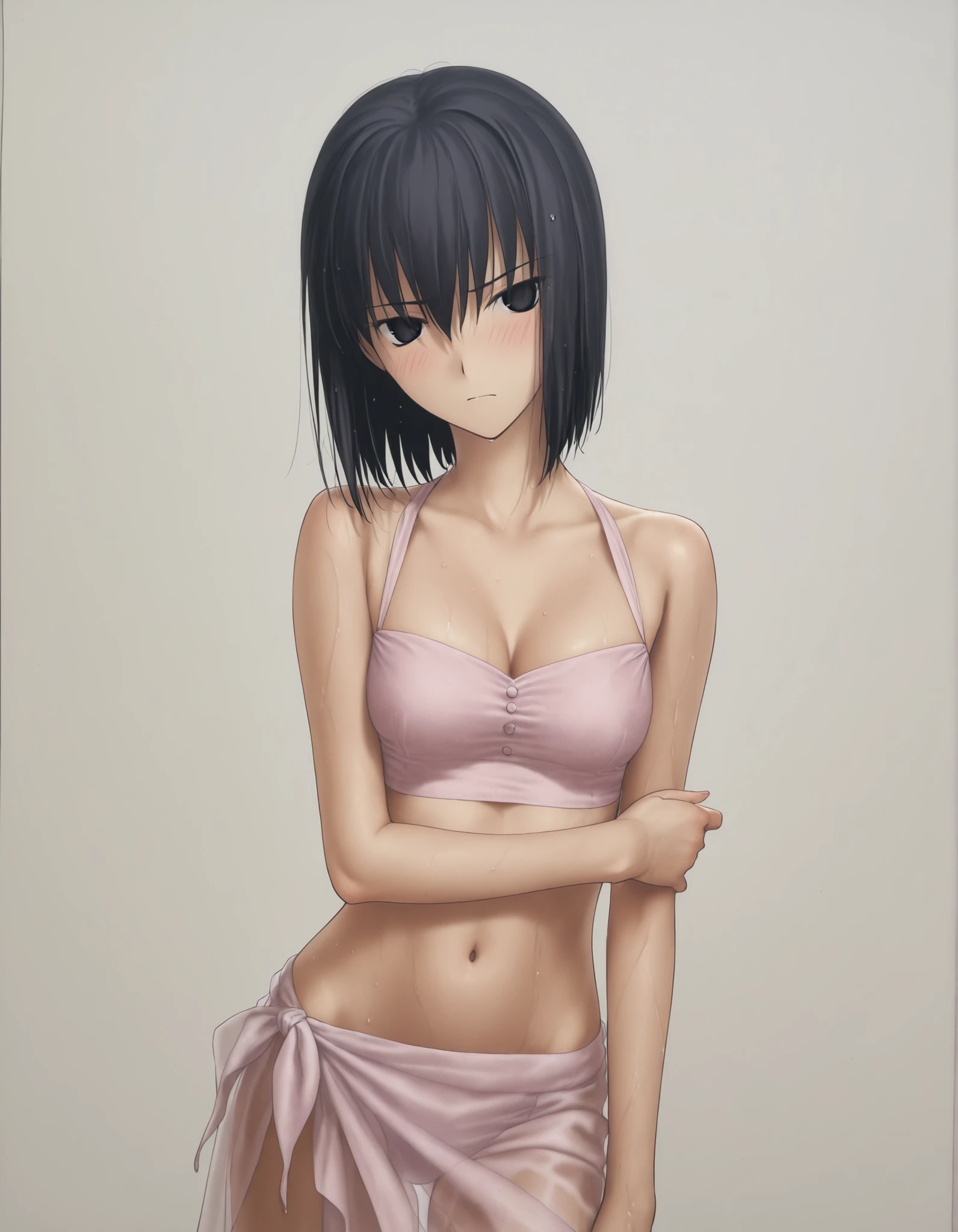 (sunlight) ,(white background, simple background),, from above,(), (dutch angle), pale skin, ((backlight)),((traditional media)) ,
1girl, solo, <lora:Witch on the Holy Night_illustriousXL:1>, koyama hirokazu style, ,(head tilt),(cleavage), wet hair, embarrassed,
girl, slim arms, slim body, ,kuonji alice ,black hair ,short hair ,hair between eyes ,black eyes,(),(tsurime),(no pupil), navel, ((off shoulder )), light pink , silky , see-through sarong, ,looking at viewer, (very small ), , hand up, nervous, blush, hold own arm, head tilt,