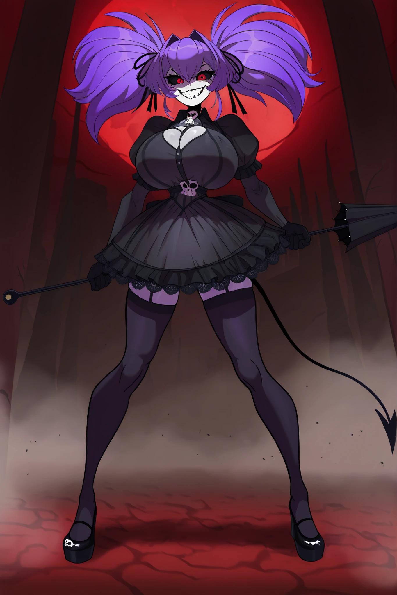 masterpiece, Highest Quality, great quality, Very Aesthetic, high definition, super detailed, absurd, Newest,  petite and glamorous figure、Devilish atmosphere、Long purple hair with twin tails、air intake、The ribbon that ties the hair with a skull is drawn、Eyes are black with black sclera、My eyes are red、smile with double teeth、clothes are Gothic Lolita、top is a blouse-style dress with black-based ruffles and lace; slightly emphasizes the chest、skirt is knee-length flare、skull design on small items、holding black umbrellas、huge breast,Hell's Gate, depicts the waist up, Cartoon Design ,The Husbin Hotel style,