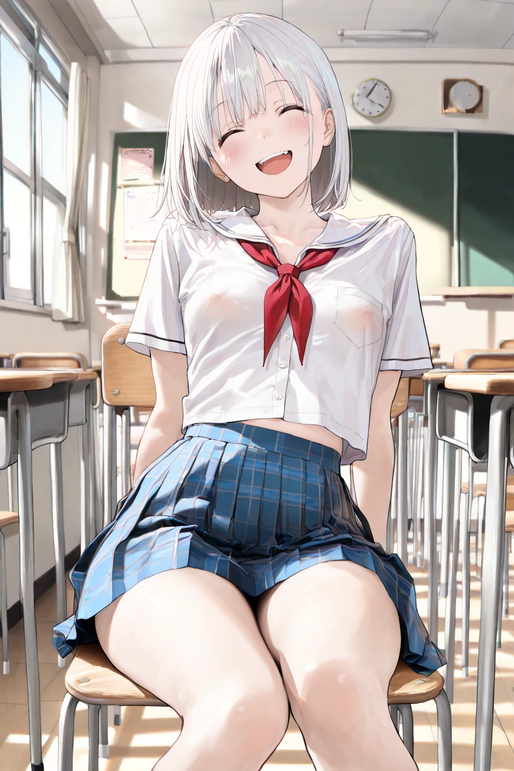 ((top-quality、8K、​masterpiece:1.3))、女の子1人、hyperdetailed face、detailed eyes、blue eyes, 二重まぶた 、medium ?????、small ????、white hair、ponytail、cheeky grin、Schoolgirl Uniform、A 18-year-old woman、red ribbon、white short skirt、????、Peek at the viewer、Beautiful graphics、Bright school building with strong sunlight, whole body、sitting 、depth of field, ((???????)), blush, embarrassed, hands on thighs , thighs thighs thighs thighs, innocent, naive,