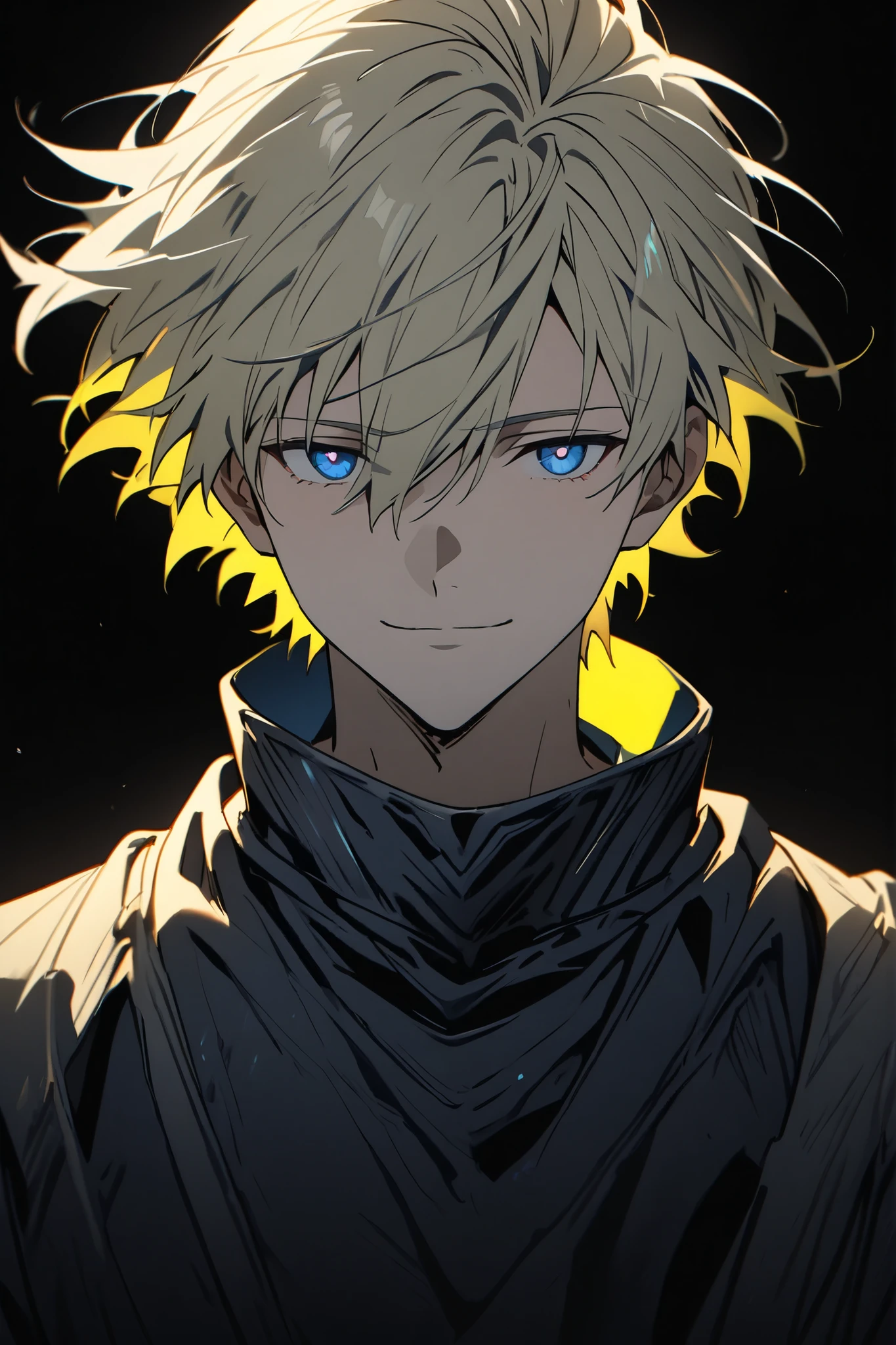 [(Black BACKGROUND:1.5),::5], ((masterpiece)), high quality, ultra very high resolution, full color, ((solo)), ((adult male)), ((men's white Short hair), (inner yellow hair), (blue eye.), light smile, anime, (upper body), (DARKNESS EFFECT:1)