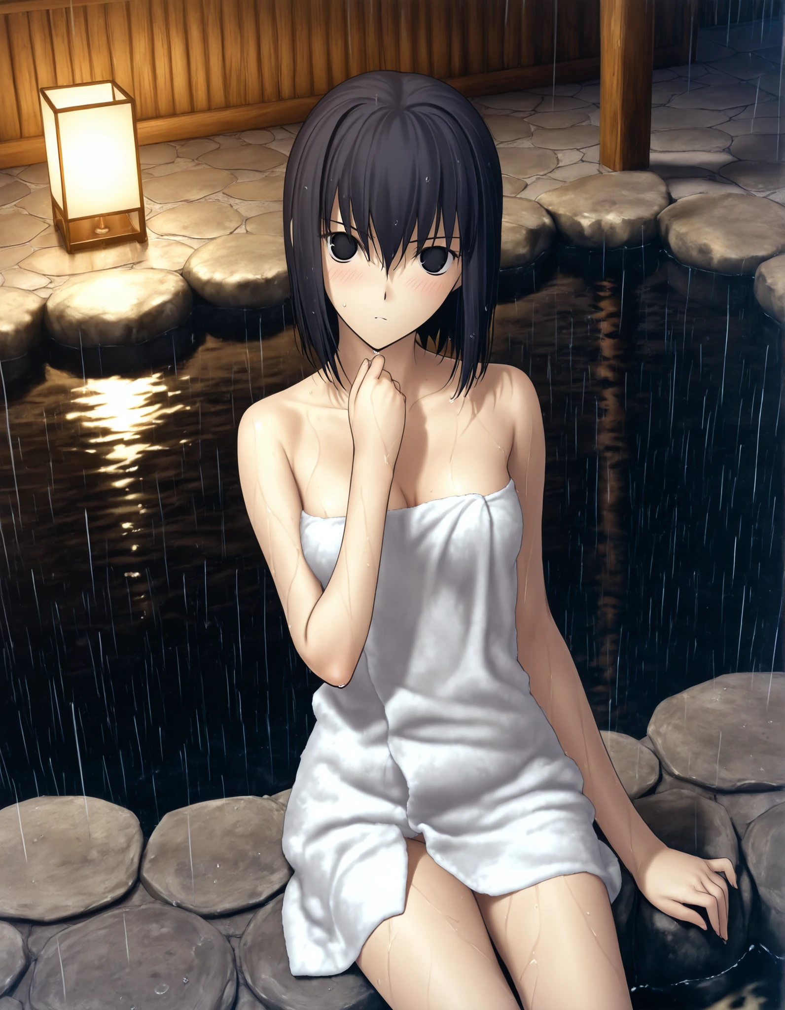 (lamp) ,(),, from above,(sidelight), (dutch angle), pale skin, (in onsen, on dark water), outdoors, sitting, rain,((traditional media)), 
                                                                                                                                                                                                                         1girl, solo, <lora:Witch on the Holy Night_illustriousXL:1>, koyama hirokazu style, ,(head tilt), cleavage, pale skin, blush, wet hair ,
   
girl, slim arms, slim body, ,kuonji alice ,black hair ,short hair ,hair between eyes ,black eyes, (no pupil),, , ( towel),  ,looking at viewer, (very small ), , hand up, ,