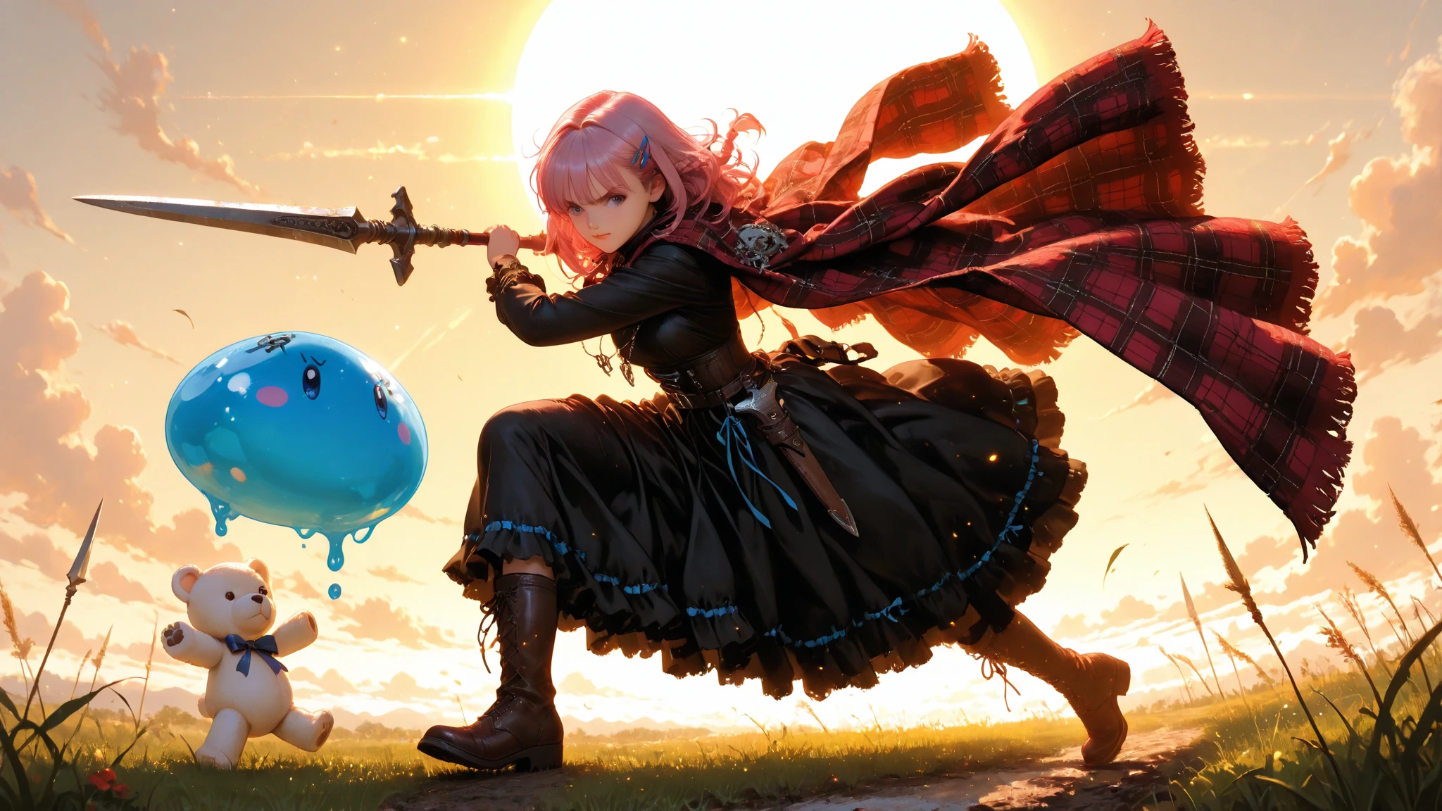 Super Detailed Depiction, Vivid Details, Perfect resolution, Yoshizuki iori, pink hair, Braided Hair, Ribbons Hair Accessories, cute hairpins, Delicate Necklace, small earrings, Iron Mace, Practical Adventurer's Belt, Gear with Multiple Pouches, Durable Leather Boots with Ribbons, Plaid Cloak, Practical Short Spear Held in the Right Hand, Sharp Spear Tip and Decorated Handle, Exquisitely Carved Spear Scabbard, Dagger hanging from the waist, Sharp Blade in a Scabbard, White Teddy Bear with a Ribbon Peeking Out of a Backpack, Village Exit where the sun shines in, Road Wrapped in Morning Mist, Adventure Path Seen in the Distance, sunrise sky, Feeling of elation of departure, expression full of anticipation, prairie wet with morning dew, A Scene Showing the Beginning of a New Adventure