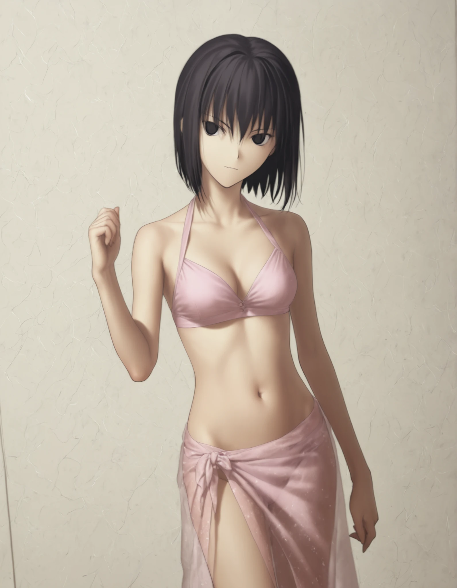 (sunlight) ,(white background, simple background),, from above,(dark), (dutch angle), pale skin, ((sidelight)),((traditional media)),
                                                                                                                                                                                                                         1girl, solo, <lora:Witch on the Holy Night_illustriousXL:1>, koyama hirokazu style, ,(head tilt),(cleavage), cowboy shot,,
   
girl, slim arms, slim body, ,kuonji alice ,black hair ,short hair ,hair between eyes ,black eyes,(),(tsurime),(no pupil), navel, ( style), light pink , silky , see-through sarong, ,looking at viewer, (small ), , hand up, 