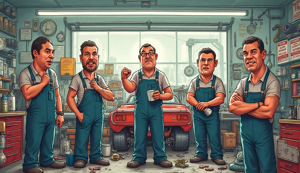 Fat salesman with beard of car parts with a blue shirt written avant-garde, and another mechanical man in a blue coat