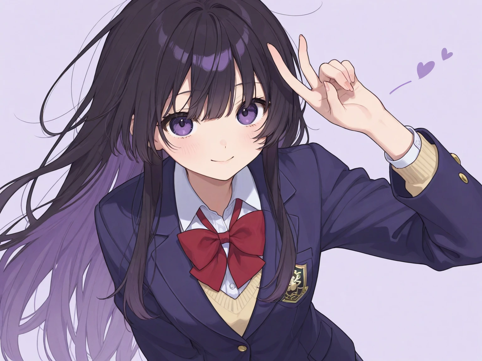 anime girl, high, office clothes, crown on my head, black hair, en forma de coleta high, waist length hair, purple eyes, wavy hair, tablet in hand, smile