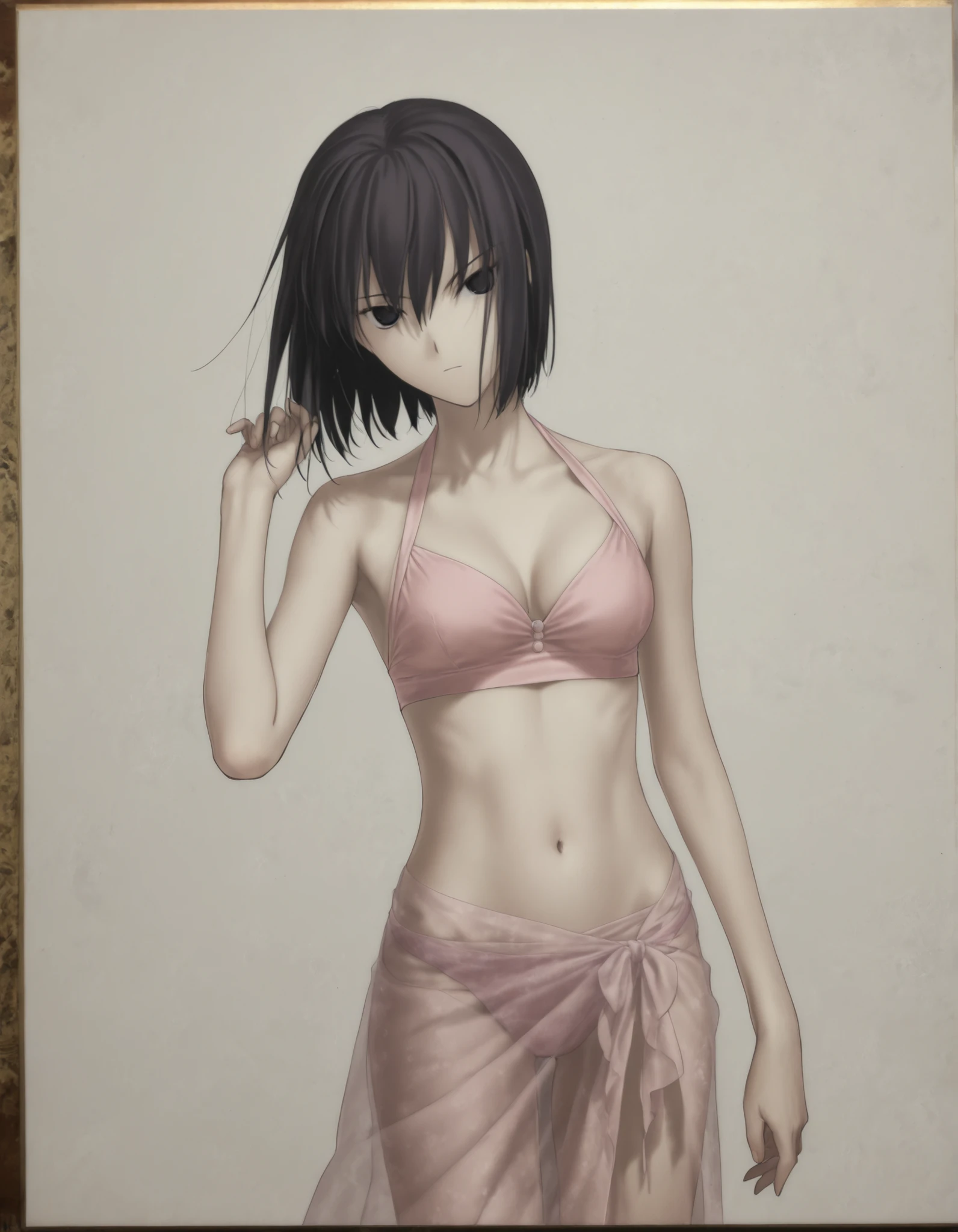 (sunlight) ,(white background, simple background),, from above,(dark), (dutch angle), pale skin, ((sidelight)),((traditional media)),
                                                                                                                                                                                                                         1girl, solo, <lora:Witch on the Holy Night_illustriousXL:1>, koyama hirokazu style, ,(head tilt),(cleavage), cowboy shot,,
   
girl, slim arms, slim body, ,kuonji alice ,black hair ,short hair ,hair between eyes ,black eyes,(),(tsurime),(no pupil), navel, ( style), light pink , silky , see-through sarong, ,looking at viewer, (small ), , hand up, 