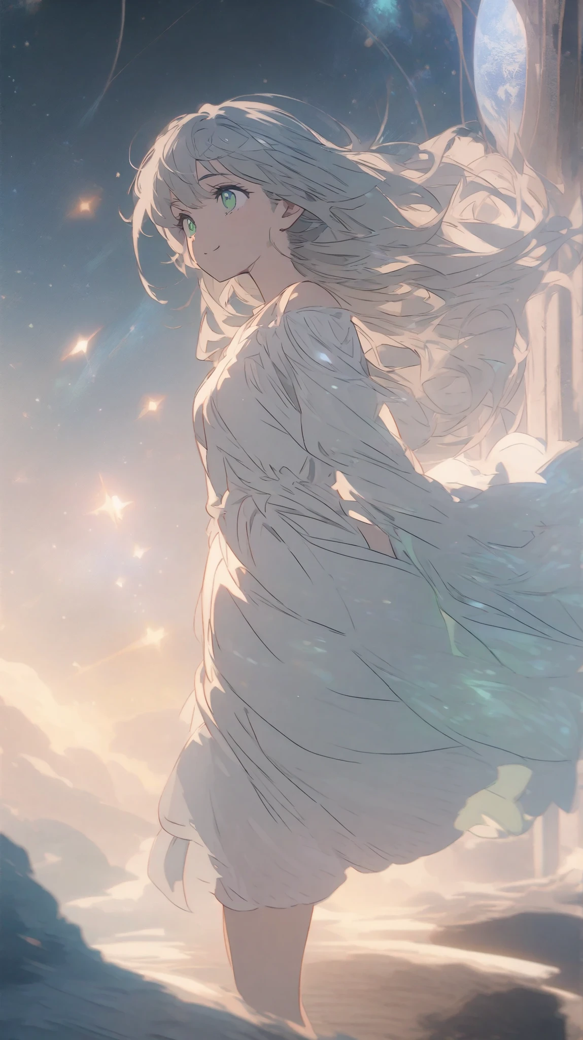 Smile, a beautiful planet floating in a vast universe. There is a girl standing on the surface, silver hair and gentle green eyes. she is wearing a simple white dress. she looks up at a distant star with a calm expression, slightly sad expression.illuminated by the soft light of starlight, creating a quiet and restless atmosphere. details, fantastic lighting, fantasy art style, 非常にdetailsなイラスト, cinematic composition, Soft Color, anime style.