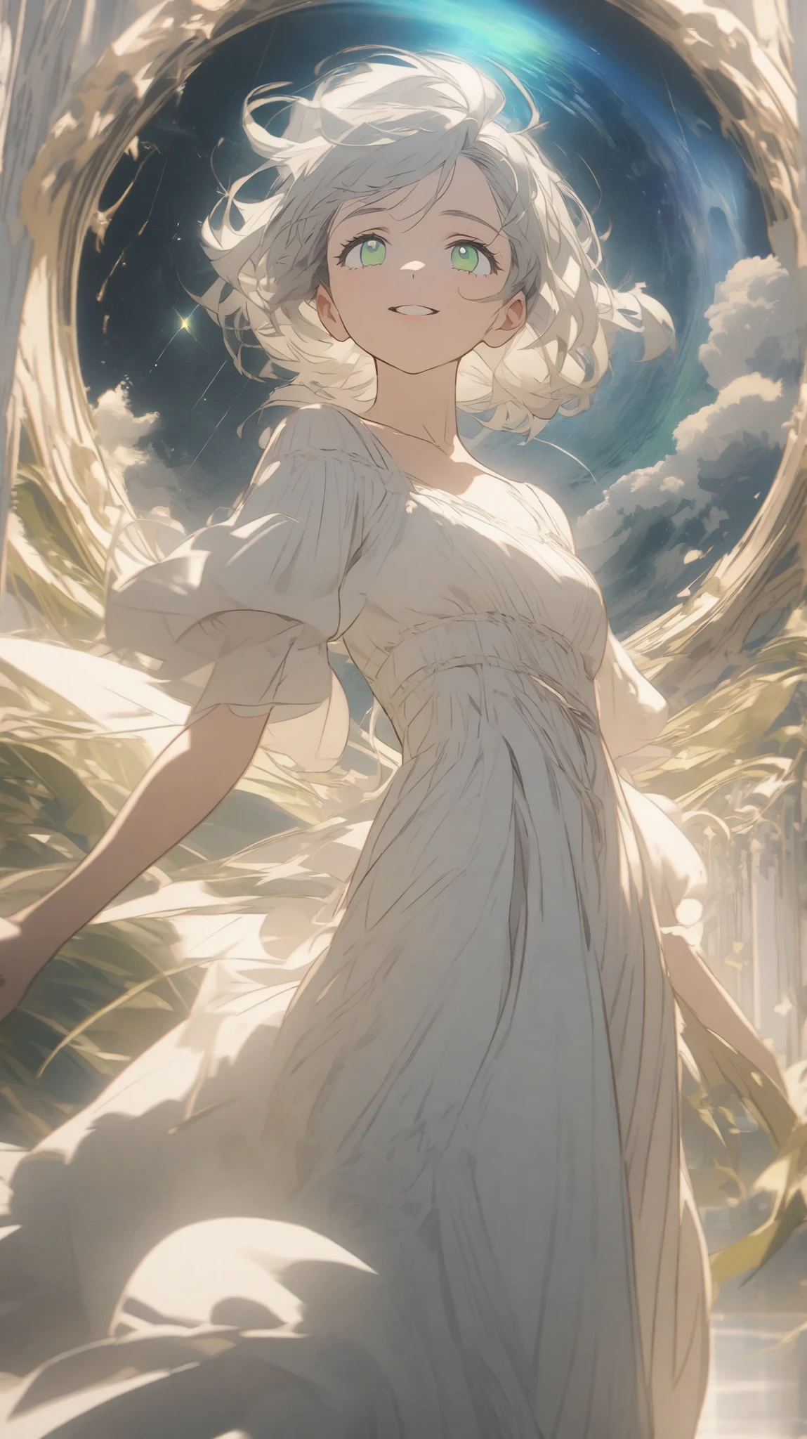 Smile, a beautiful planet floating in a vast universe. There is a girl standing on the surface, silver hair and gentle green eyes. she is wearing a simple white dress. she looks up at a distant star with a calm expression, slightly sad expression.illuminated by the soft light of starlight, creating a quiet and restless atmosphere. details, fantastic lighting, fantasy art style, 非常にdetailsなイラスト, cinematic composition, Soft Color, anime style.