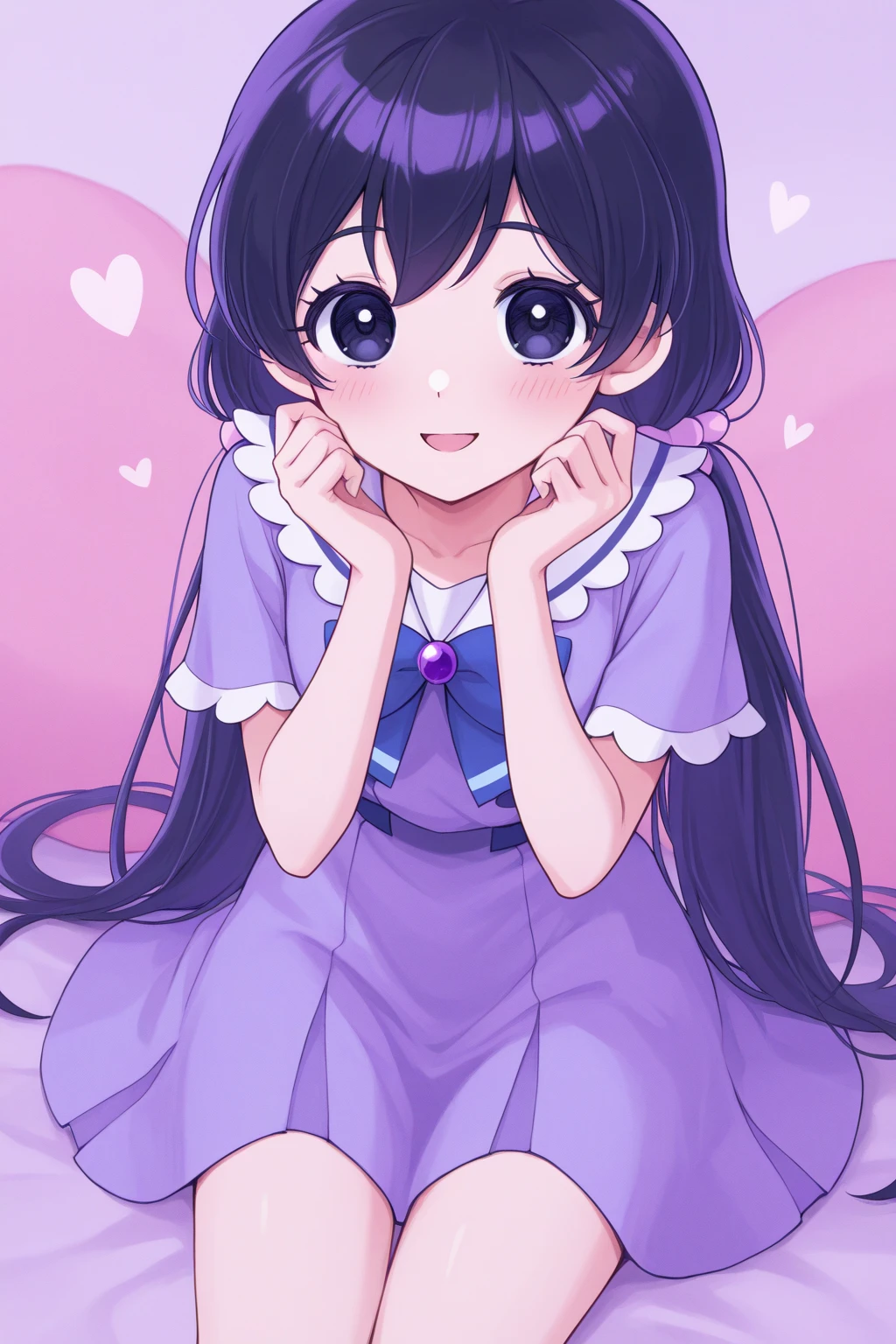 One girl with adorable realcat stickers in her long, dark hair stands embarrassed in front of a white background. With her pink dress and blushing cheeks, she tries to keep her mouth shut as she contours her body to hide an unexpected accident - a small puddle forming on the ground beneath her . The vector art style adds intricate details to her fine skin and expressive kawaii  features. Despite the awkward situation, her  frame exudes a quiet cuteness that is impossible to ignore.