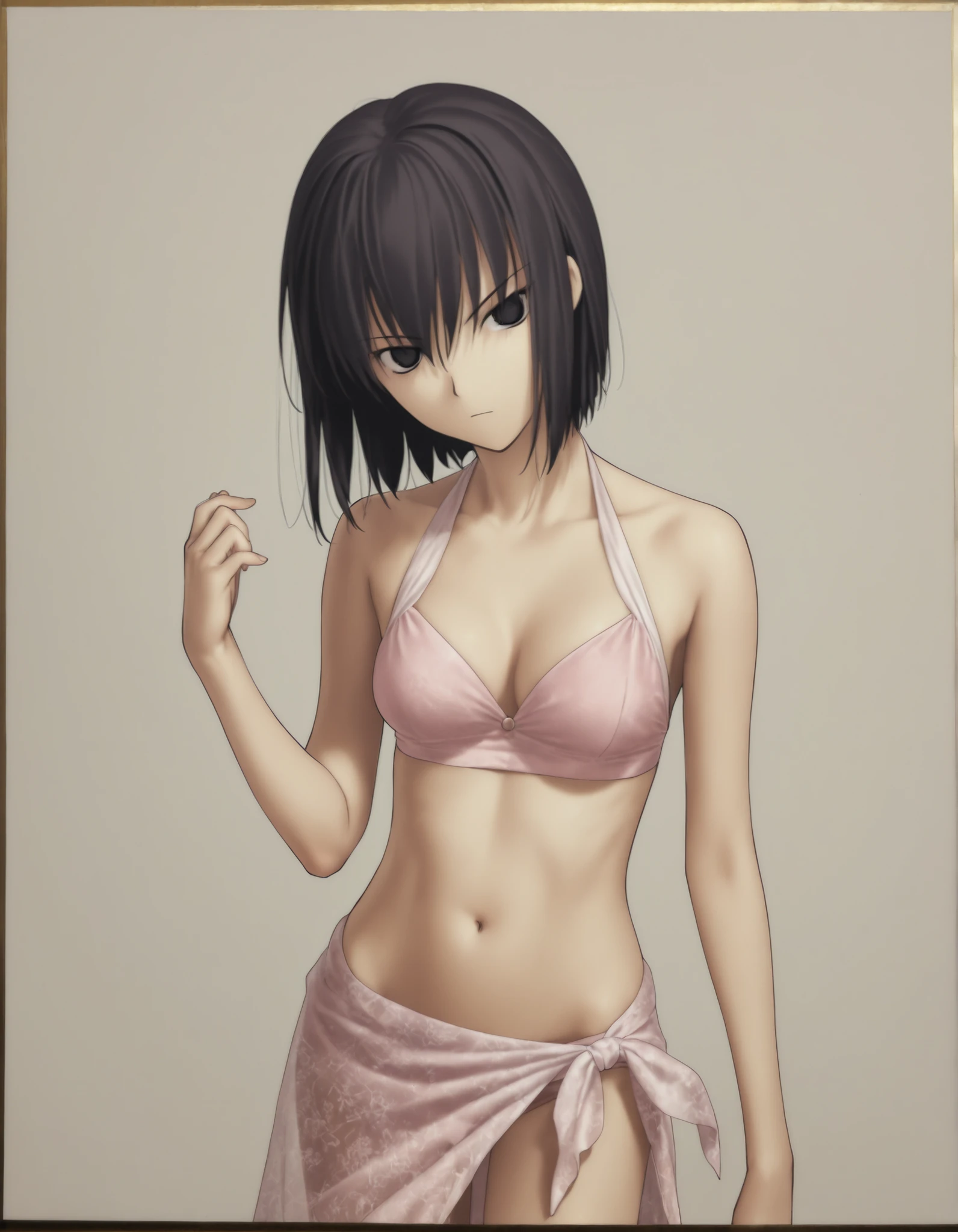 (sunlight) ,(white background, simple background),((from above)),(dark), (dutch angle), pale skin, ((sidelight)),((traditional media)),
                                                                                                                                                                                                                         1girl, solo, <lora:Witch on the Holy Night_illustriousXL:1>, koyama hirokazu style, ,(head tilt),(cleavage), cowboy shot,,
   
girl, slim arms, slim body, ,kuonji alice ,black hair ,short hair ,hair between eyes ,black eyes,(),(tsurime),(no pupil), navel, ( style), light pink , silky , see-through sarong, ,looking at viewer, (small ), , hand up, 