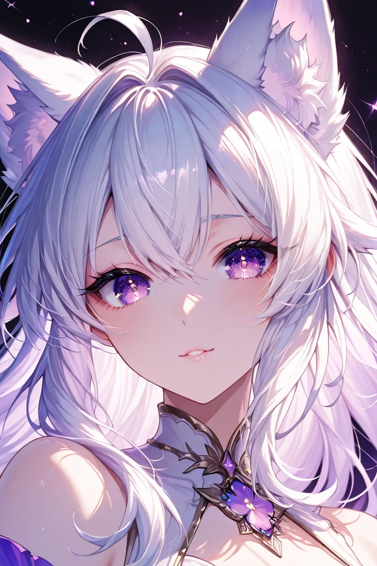 Highly detailed face,fine grain,Sparkling eyes,Highlighted eyes,Medium ,pretty girl, smile,Longing eyes,Cat ear, Beautiful silver hair,Pink inside,Beautiful pink eyes,White dress