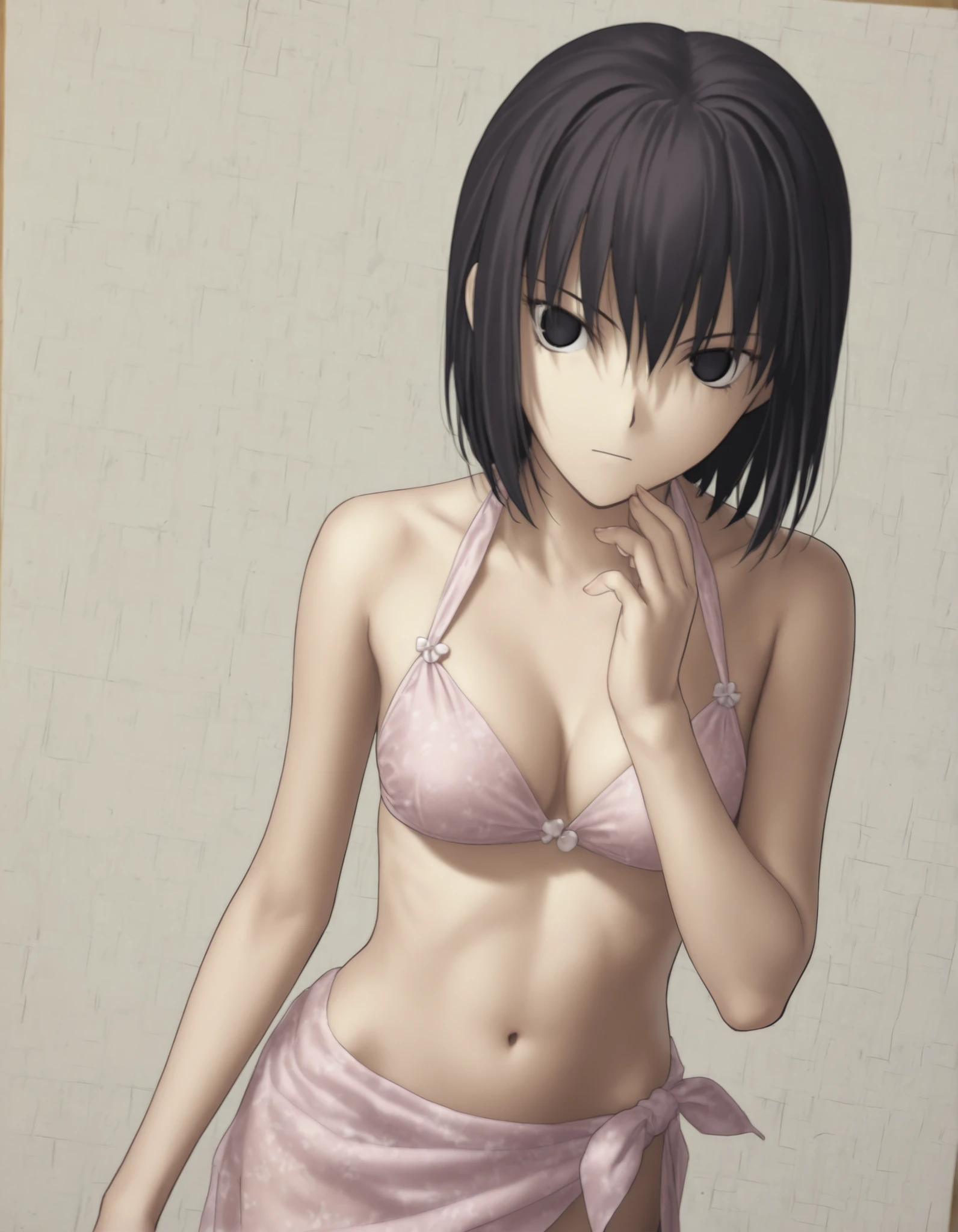 (sunlight) ,(white background, simple background),((from above)),(dark), (dutch angle), pale skin, ((sidelight)),((traditional media)),
1girl, solo, <lora:Witch on the Holy Night_illustriousXL:1>, koyama hirokazu style, ,(head tilt),(cleavage), cowboy shot,,
girl, slim arms, slim body, ,kuonji alice ,black hair ,short hair ,hair between eyes ,black eyes,(),(tsurime),(no pupil), navel, (ribbon style), light pink , silky , see-through sarong, ,looking at viewer, (small ), , hand up,