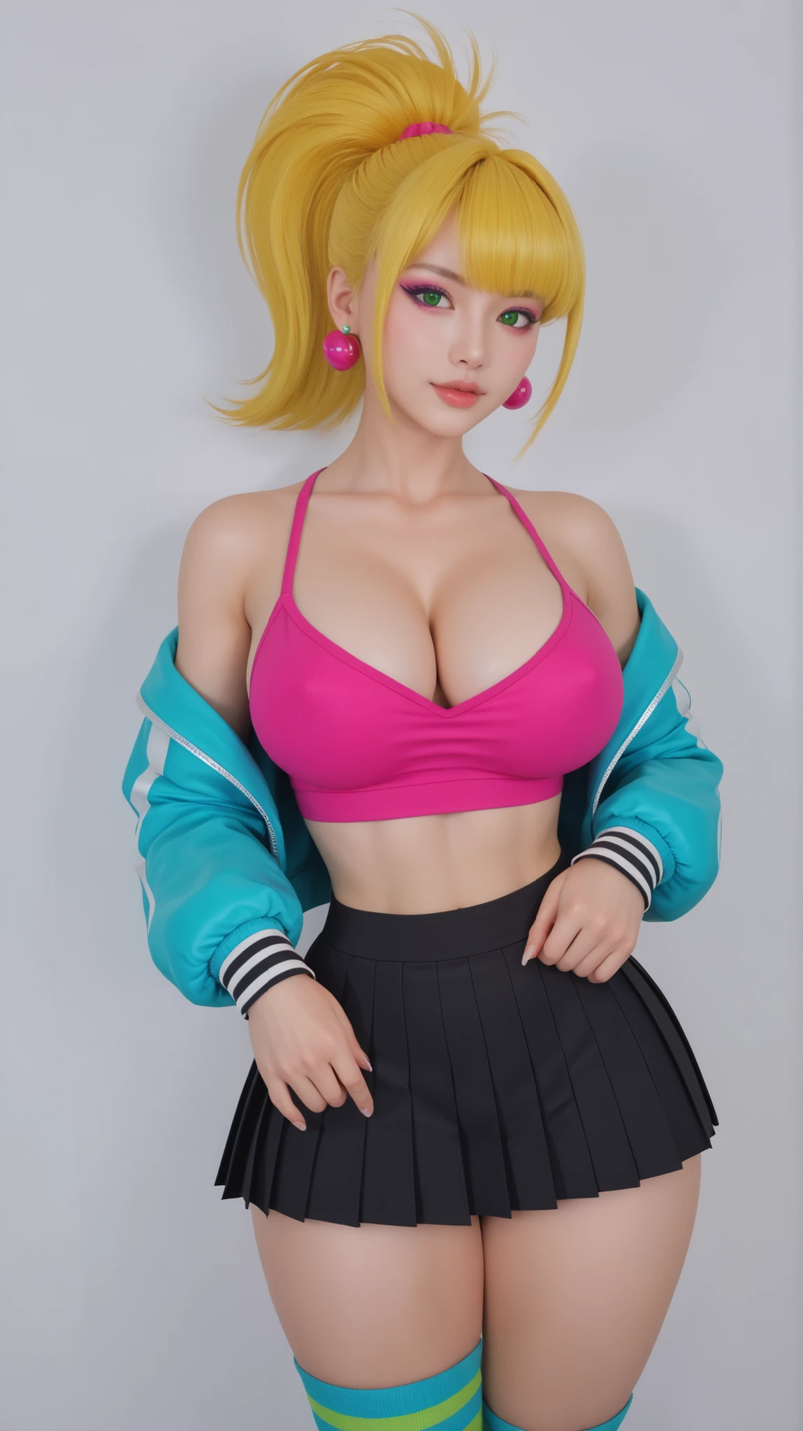 (masterpiece), (portrait), huges breasts (aesthetics), ((1 dangerous girl 18 years old playing a Dance Simulator - Pump Dance, arcade game, dark environment, retro-style arcade)), Highlight earrings), (((short straight hair, voluminous hair, high spiky ponytail)), ((cute punk yellow hair)), hair bangs, thin open eyes, green eyes, big breasts, straight hair, green eyes, cute, female, woman, sad look, beautiful, female features, top, high quality, (female ) features), solo, (Korean attractive), summer, (ink haze), (afternoon), (vibrant light), stylish short jacket, black pleated skirt, long striped socks, sticking your ass out, ((Energy)), (Bold Makeup), (Big Breasts), Fair Skin, (horny and slutty voluptuous woman), (a hot woman, muscular woman, hot fit, voluptuous mature body, super curvy body), (Sleep Neckline), Beautiful Hands, Body beautiful, beautiful ears, beautiful eyes, bright eyes, beautiful mouth, beautiful lips, needy expression, hot and thick thighs, dark environment, retro-style arcade, opening the oven