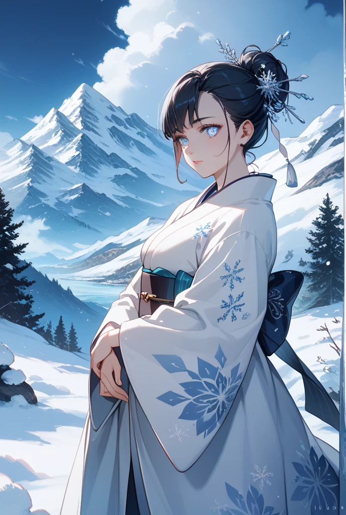 gorgeous lips, cinematic, (masterpiece), (best quality), (ultra-detailed), very aesthetic, illustration, perfect composition, intricate details, absurdres, detailed face, (anime, masterpiece, intricate:1.3), (best quality, hires textures, high detail:1.2), perfect hands, brown eyes,
1girl, very long black hair, wavy hair, low ponytail, perfect brown eyes, side swept bangs, medium breasts, perfect eyes, 8k, highest quality, ultra details,1girl, solo
,,(japanese clothes, pale blue and silver kimono, fancy print, kimono, silver sash, wide sleeves, obi) white socks, sandals, silver moon hair clip, white fur scarf, walking on a mountain path, bamboo trees, smile, blush, happy, night time, extremely starry sky, breath fog,
on the ground, snowy village background,
cinematic lighting, blush, open mouth, happy, falling snowflakes ,snow covers the entire ground, photoshoot, cowboy shot, dolly shot, from the behind