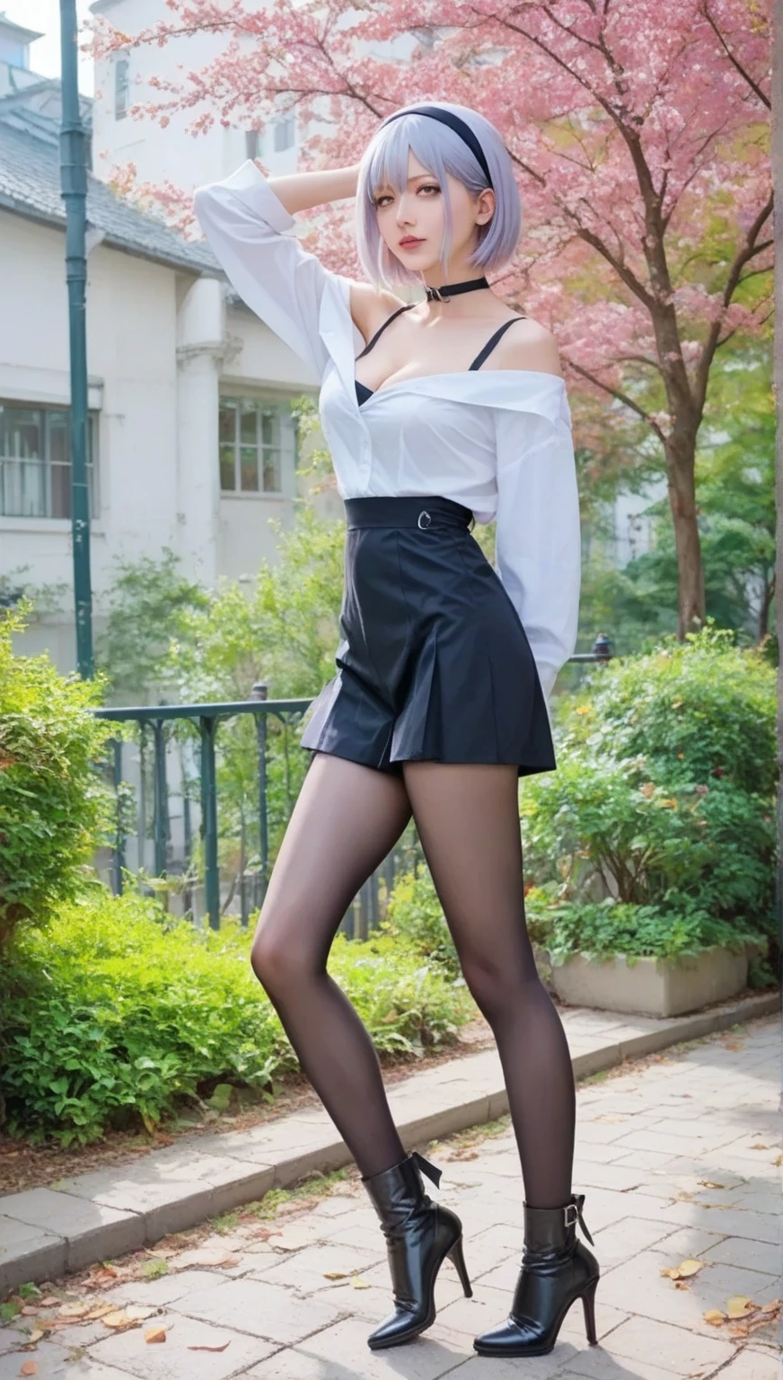 (masterpiece, Very detailed, Ultra-high resolution, 8K, RAW Photos, Digital SLR, Shot with Nikon 70d, Sharp focus), One girl, alone, View your viewers, Green Eyes, Long black hair, Mid-chest, White shirt, skirt, Legwear, High heels, garden, autumn, Fallen leaves