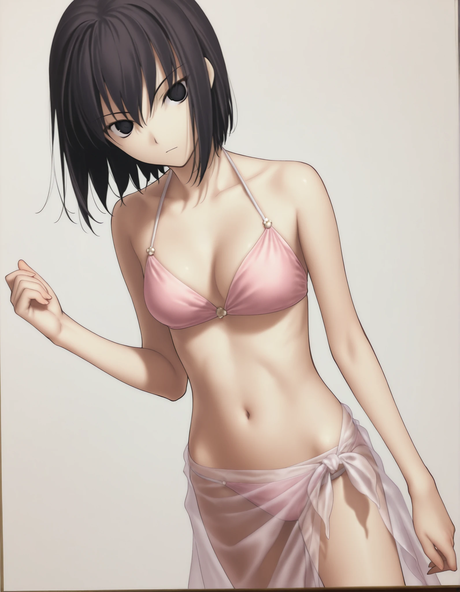 (sunlight) ,(white background, simple background),((from above)),(dark), (dutch angle), pale skin, ((sidelight)),((traditional media)),
                                                                                                                                                                                                                         1girl, solo, <lora:Witch on the Holy Night_illustriousXL:1>, koyama hirokazu style, ,(head tilt),(cleavage), cowboy shot,,
   
girl, slim arms, slim body, ,kuonji alice ,black hair ,short hair ,hair between eyes ,black eyes,(),(tsurime),(no pupil), navel, (ribbon  style), light pink , silky , see-through sarong, ,looking at viewer, (small ), , hand up, 