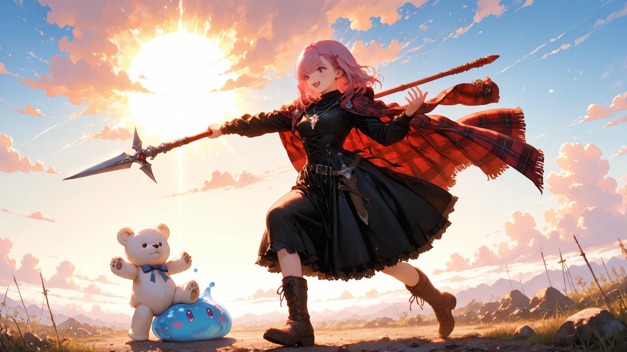 Super Detailed Depiction, Vivid Details, Perfect resolution, Yoshizuki iori, pink hair, Braided Hair, Ribbons Hair Accessories, cute hairpins, Delicate Necklace, small earrings, Iron Mace, Practical Adventurer's Belt, Gear with Multiple Pouches, Durable Leather Boots with Ribbons, Plaid Cloak, Practical Short Spear Held in the Right Hand, Sharp Spear Tip and Decorated Handle, Exquisitely Carved Spear Scabbard, Dagger hanging from the waist, Sharp Blade in a Scabbard, White Teddy Bear with a Ribbon Peeking Out of a Backpack, Village Exit where the sun shines in, Road Wrapped in Morning Mist, Adventure Path Seen in the Distance, sunrise sky, Feeling of elation of departure, expression full of anticipation, prairie wet with morning dew, A Scene Showing the Beginning of a New Adventure