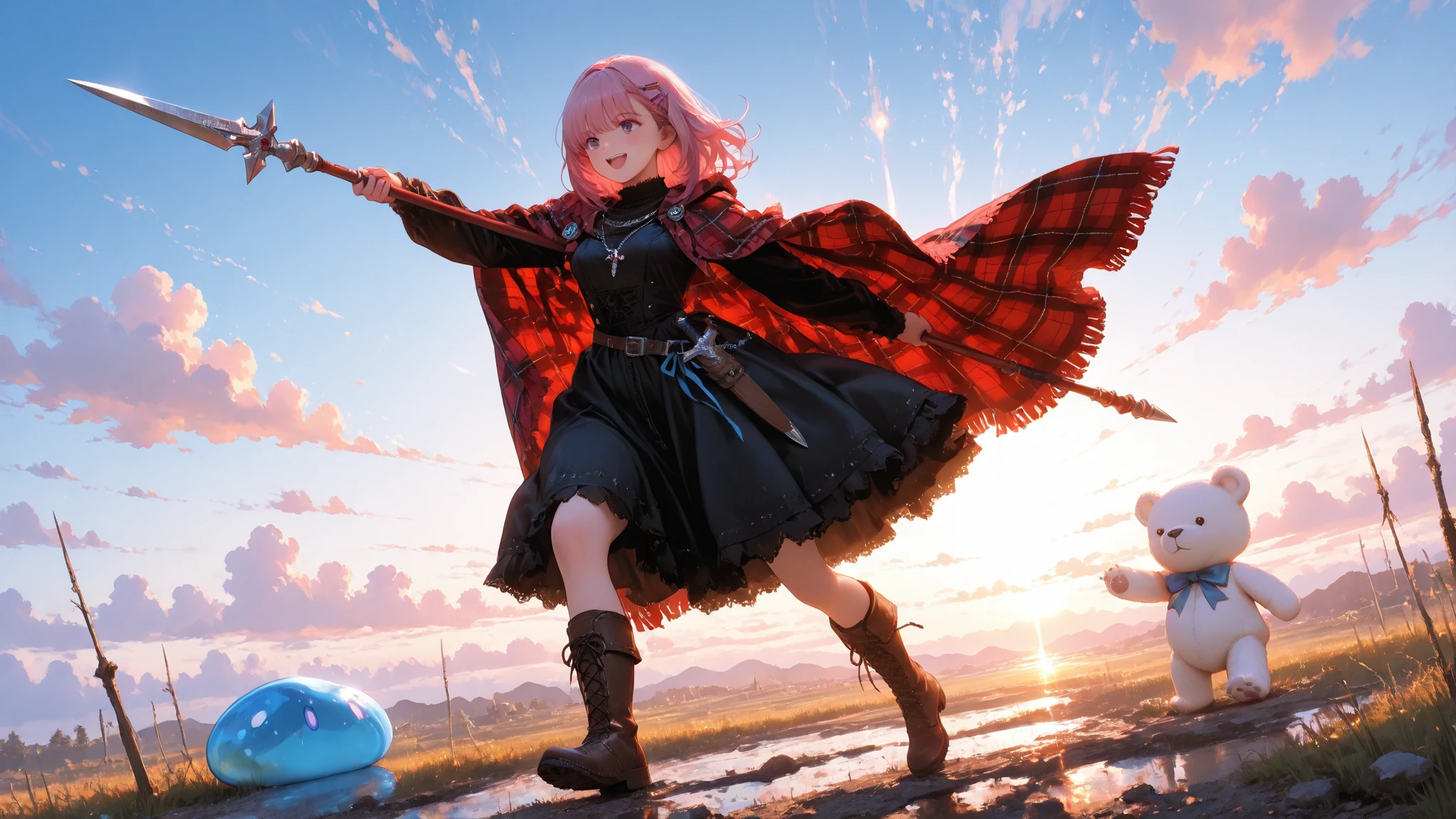 Super Detailed Depiction, Vivid Details, Perfect resolution, Yoshizuki iori, pink hair, Braided Hair, Ribbons Hair Accessories, cute hairpins, Delicate Necklace, small earrings, Iron Mace, Practical Adventurer's Belt, Gear with Multiple Pouches, Durable Leather Boots with Ribbons, Plaid Cloak, Practical Short Spear Held in the Right Hand, Sharp Spear Tip and Decorated Handle, Exquisitely Carved Spear Scabbard, Dagger hanging from the waist, Sharp Blade in a Scabbard, White Teddy Bear with a Ribbon Peeking Out of a Backpack, Village Exit where the sun shines in, Road Wrapped in Morning Mist, Adventure Path Seen in the Distance, sunrise sky, Feeling of elation of departure, expression full of anticipation, prairie wet with morning dew, A Scene Showing the Beginning of a New Adventure