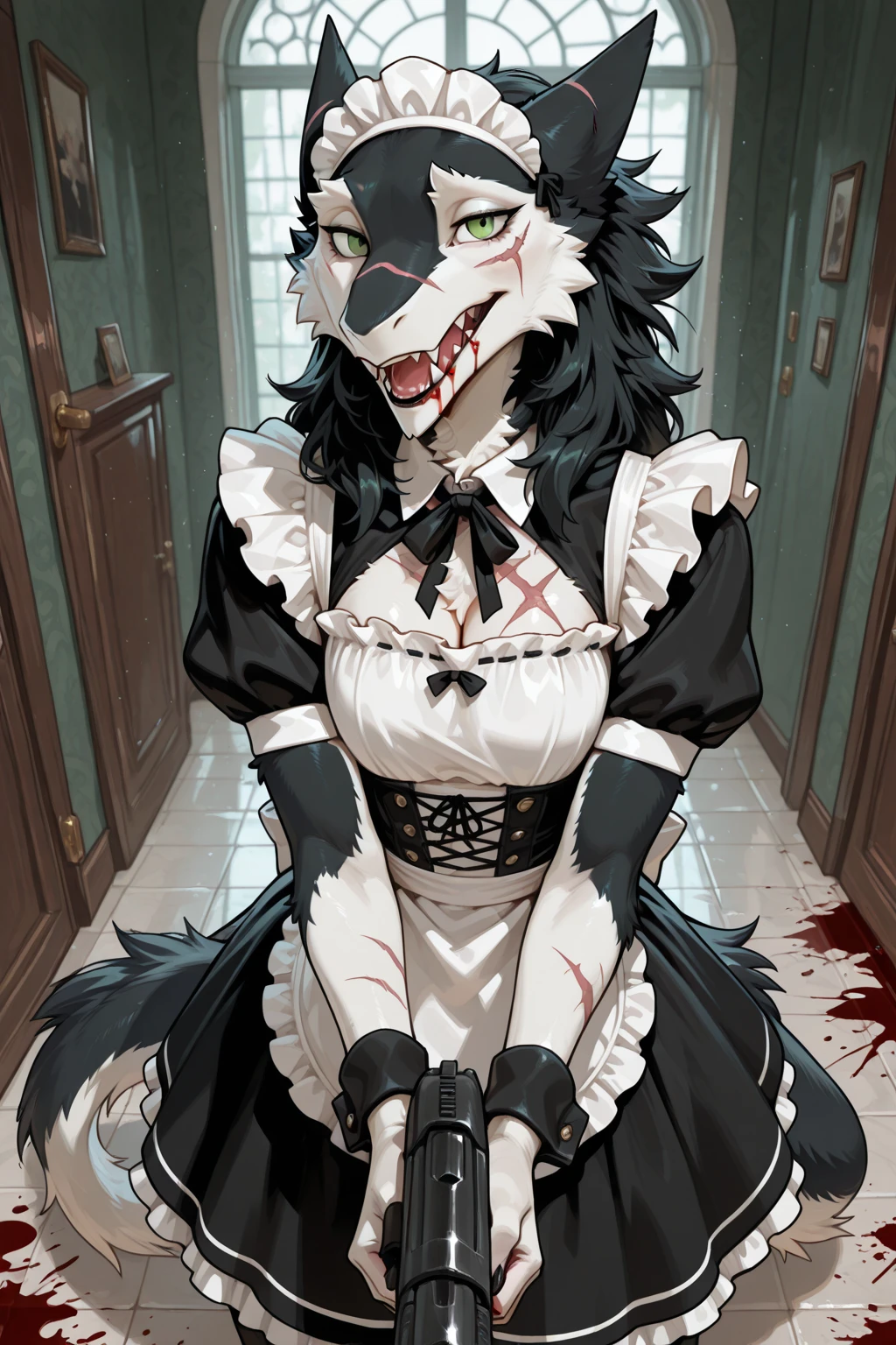 Loona from Helluva Boss, female white wolf, anthro, mature adult, short fluffy white hair, grey eyes, grey apron, green long sleeve, green cargo pants, black boots, covered in blood, standing, smiling, menancing, bloody face, detailed, solo, beautiful, high quality, 4K