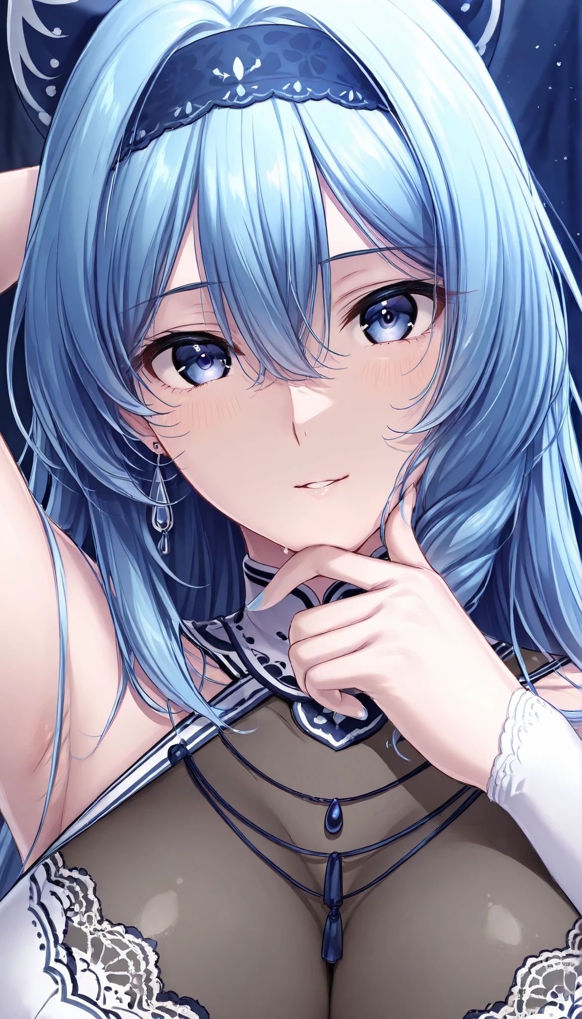 but{{masterpiece}}、{{Highest Quality}}、{{Super Detailed}}、Pretty Eyes、Perfect Human Body、(１ adult woman、solo)、pale blue hair、(The inner color is white )、(Watery eyes )、 Slim、big boobs、beautiful face、{{so delicate and beautiful}}、high definition、、dancer style lace sexy outfit、place your hands behind your head、necklace、earrings、tall women、navy blue headband、(Close Range:1.2)、open your mouth wide,(Raise your chin a lot:1.2)