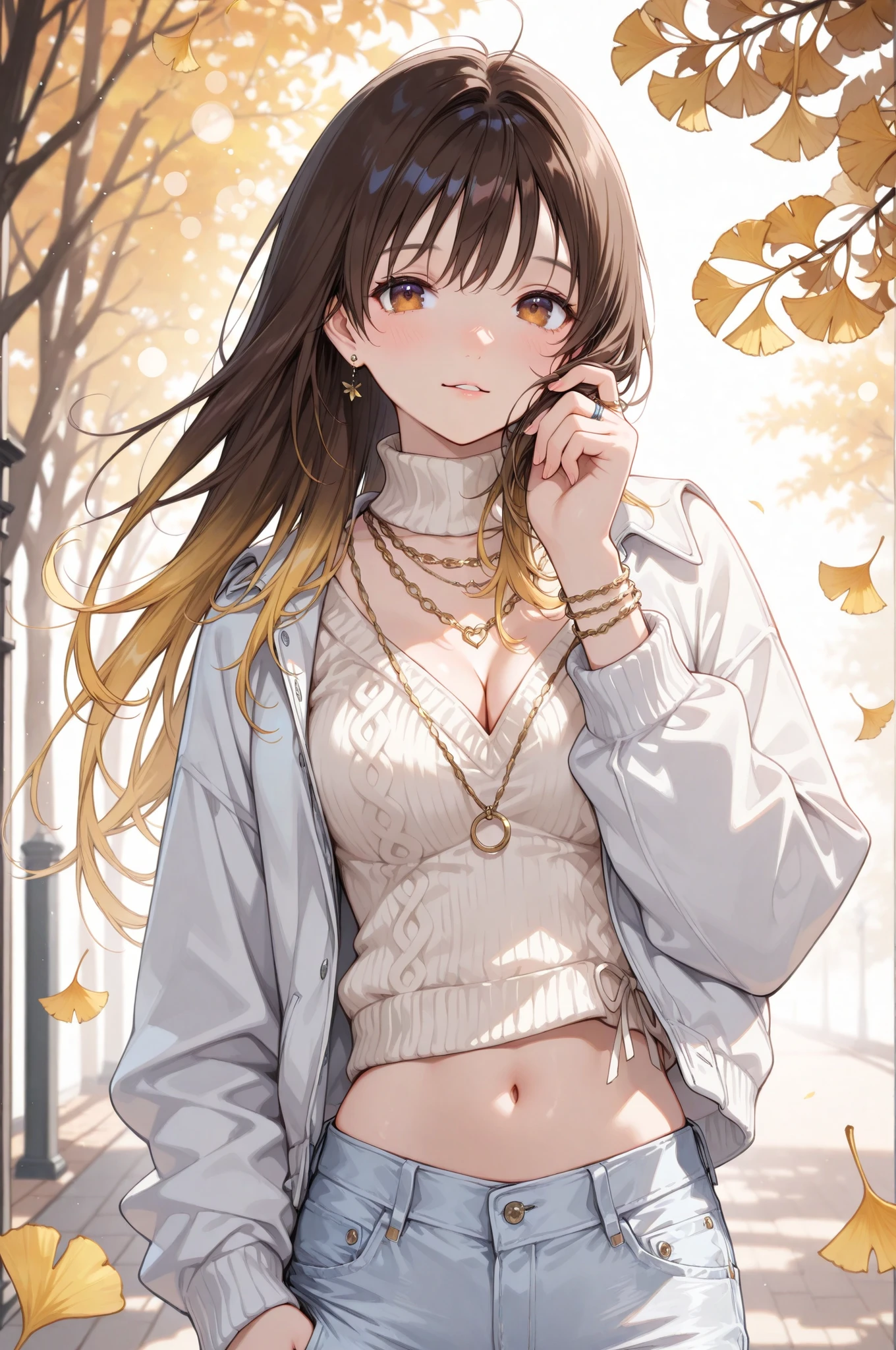 (masterpiece:1.5, ultra-detailed, in the style of Sena Shiera, semi-realistic anime, perfect detailed 5 fingers, thin soft line art, round soft face, large glossy eyes with detailed highlights, gentle expression, small nose, smooth translucent skin, delicate shading, subtle gradient tones, pastel color palette with warm autumn hues, soft sunlight, faint rimlight, vivid hair reflection, slightly messy long hair with amber gradient tips, photorealistic lighting, cinematic perspective, elegant proportion, stylish anime girl wearing cropped knit sweater exposing midriff, loose jacket, high-waisted jeans, layered necklaces, delicate bracelets, thin rings, small earrings, warm breeze moving her hair, standing on a quiet autumn street covered in golden ginkgo leaves, soft bokeh background, cozy and sophisticated atmosphere, modern Japanese illustration style, airy and luminous composition)(cleavage)