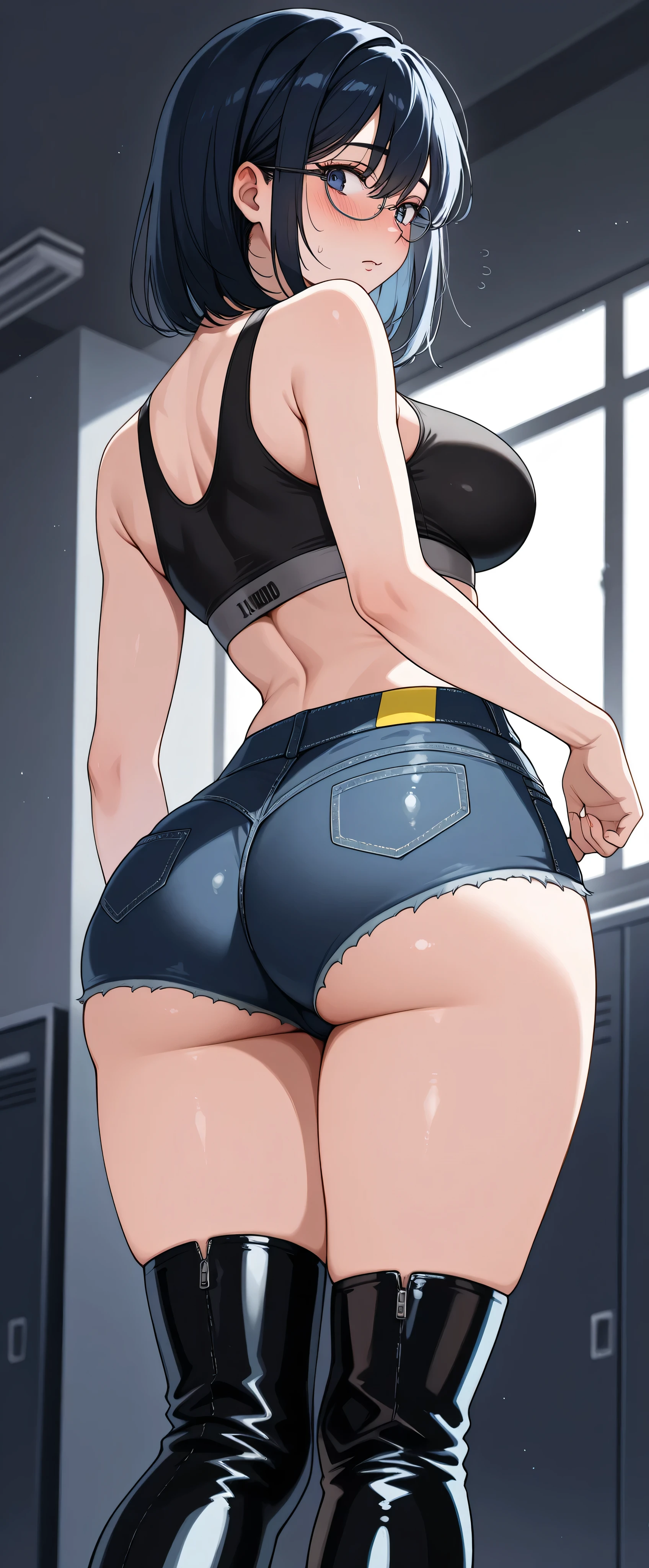 high definition,  Adult Female , Good Lighting, Despicable, , (I haven't taken off my clothes), (((sports bra,   micro short jeans))), , ((Kaoru Niimi)), (Glasses), Abdominal area only, (looks back, black tight miniskirt by widening the cloudy),  ,  Cute Face Getting Creampied, I' m I'm so is embarrassing that I blush, is embarrassing,big ass ,Latex Long Boots
