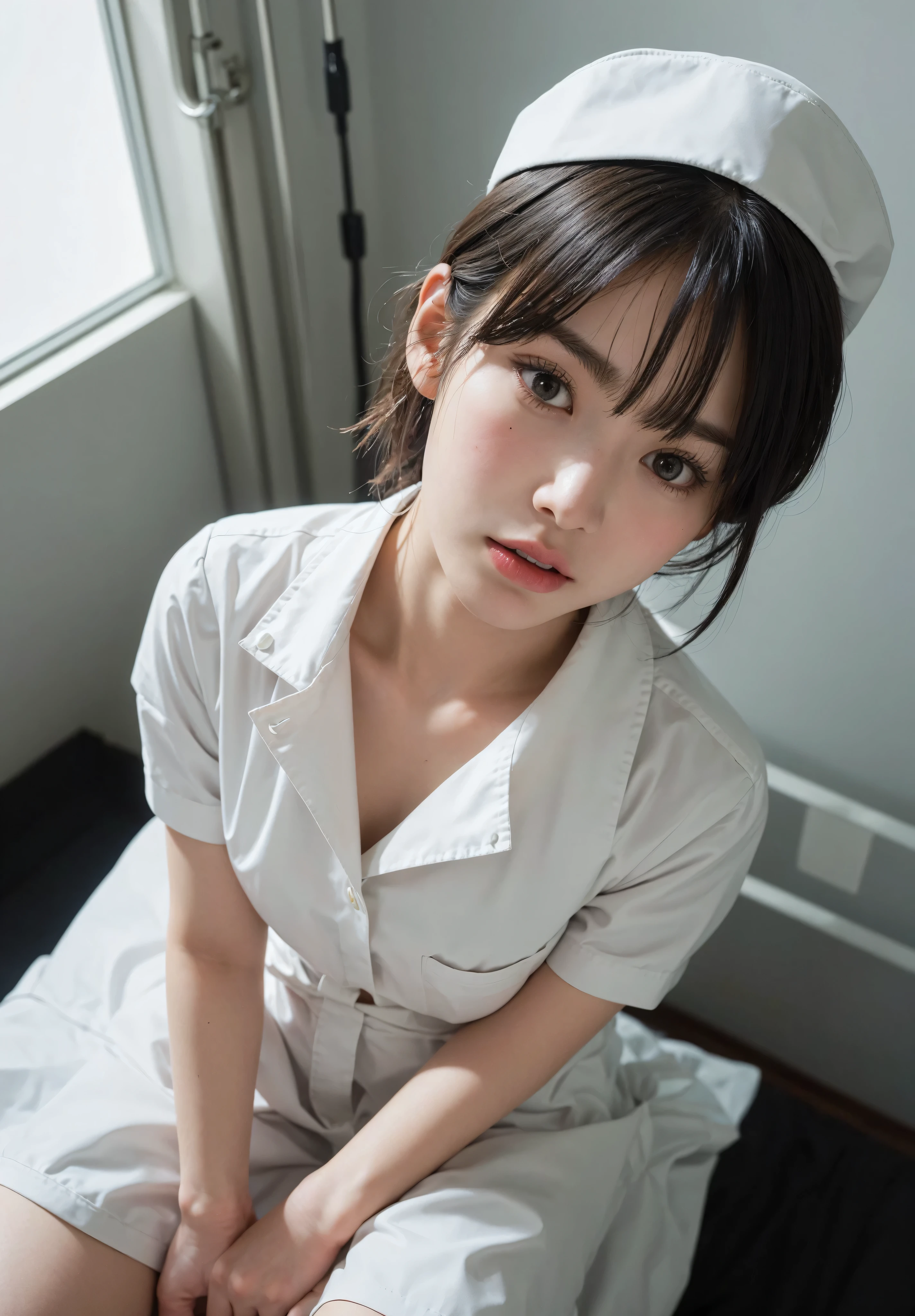 (A very beautiful nurse takes off her clothes on the bed)). (Wearing a white transparent nurse uniform: 1.5). iced, Photo, masutepiece, of the highest quality, (Short bob with light brown hair). Beautiful Japanese woman with soft ??????? and white skin, Yui Arakaki, Various poses. ((Big: 1.2)), ((has very soft ???????, Lie down and open your ?????? wide, Lying down, suppressed sad eyes)), Ultra-detailed face, Detailed eyes, (She got wet).