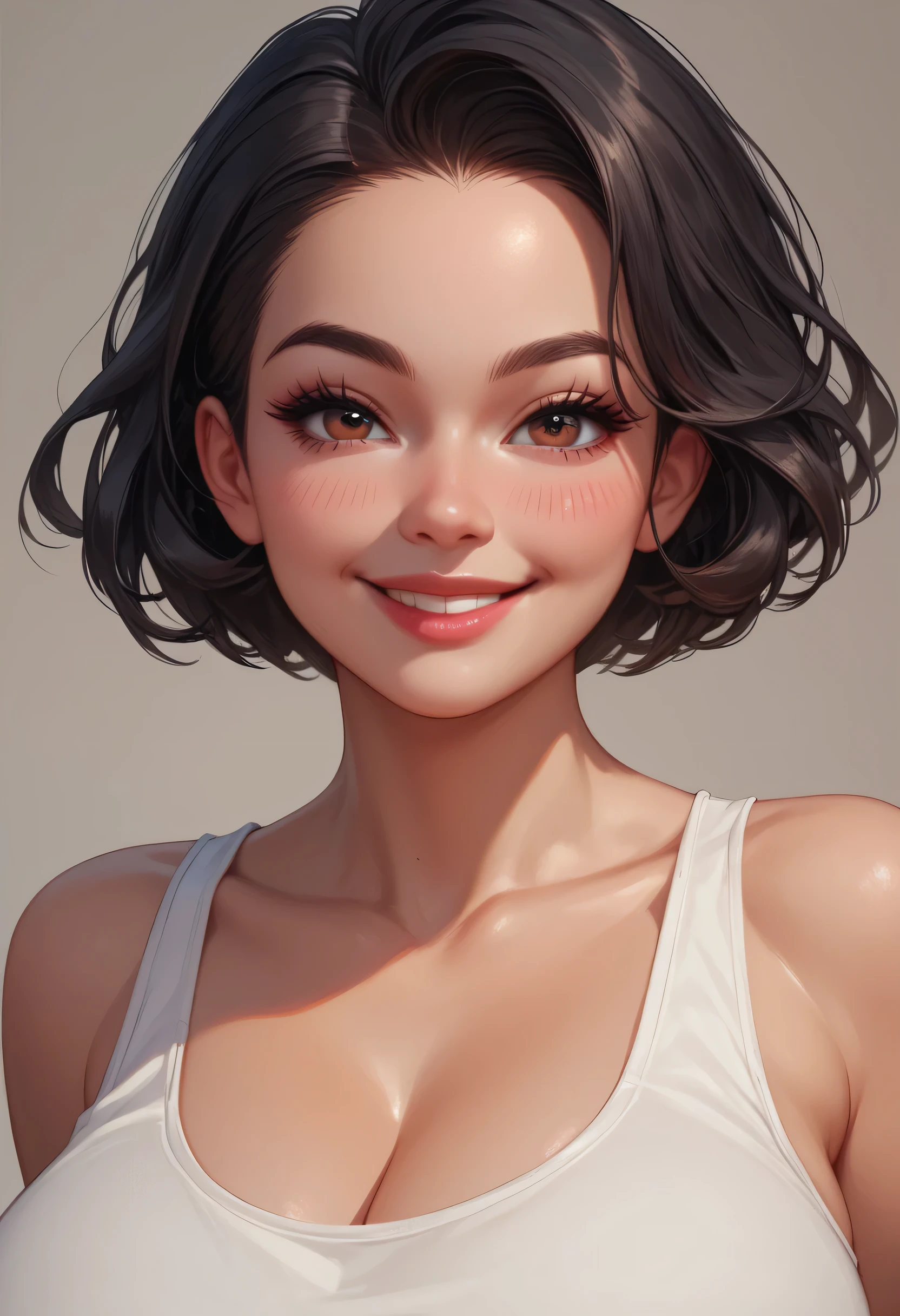 1girl, short hair, black hair, forehead, black thin eyebrows, big brown eyes, black eyeliners, pink blush, nose, red thick lips, big smile, perfect face, beautiful girl, huge breasts, tank top, white tank top