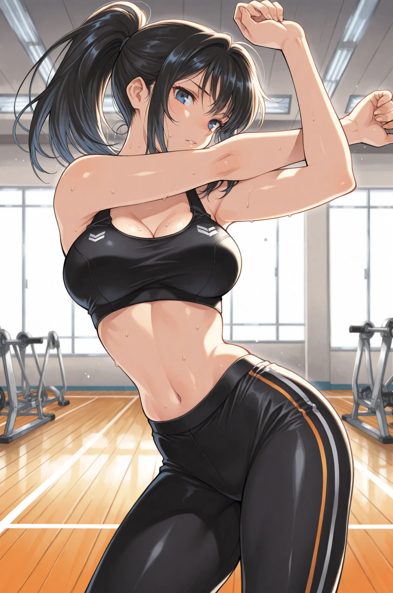 (masterpiece:1.4, ultra detailed, in the style of Oh! Great, stylish anime illustration, perfect detailed 5 fingers, sharp and bold line art, strong contrast lighting, cinematic composition, semi-realistic anatomy with feminine curves, slender body, smooth skin, soft muscle tone, glossy highlights, dramatic shadows, warm backlight through gym windows, gym interior with detailed equipment, dynamic but graceful pose, ponytail swaying, black sports bra and leggings, stretching and warming up naturally, subtle sweat shine, elegant expression, energetic yet feminine atmosphere, depth of field, modern Japanese illustration style, vibrant and dramatic tone)