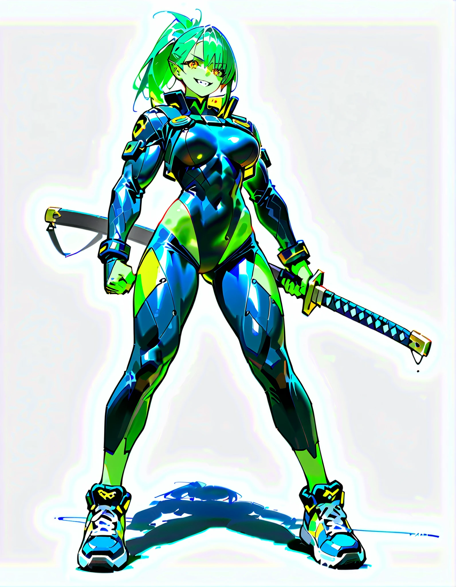 (((masterpiece))), (((Best Quality))), ((Ultra-detailed)), (High Definition anime Illustration), ((extremely delicate and beautiful)),((1 orc girl)),solo, Full body, night-blue ponytail hair style and yellow eyes,((blue Cyber-suit))((holds a sword in a scabbard)),(pale green skin)(pointed long ear)(smiling JAGGED-TEETH),(Muscular but feminine body shape),(wears high tech sneakers)(Character Focus),highly detailed, Colorful, highest details, Cyberpunk orc samurai girl, Beautiful and terrifying, Digital Painting, 8K High Resolution, trend art station, Whole body, full body standing, front viewer, (((white background)))