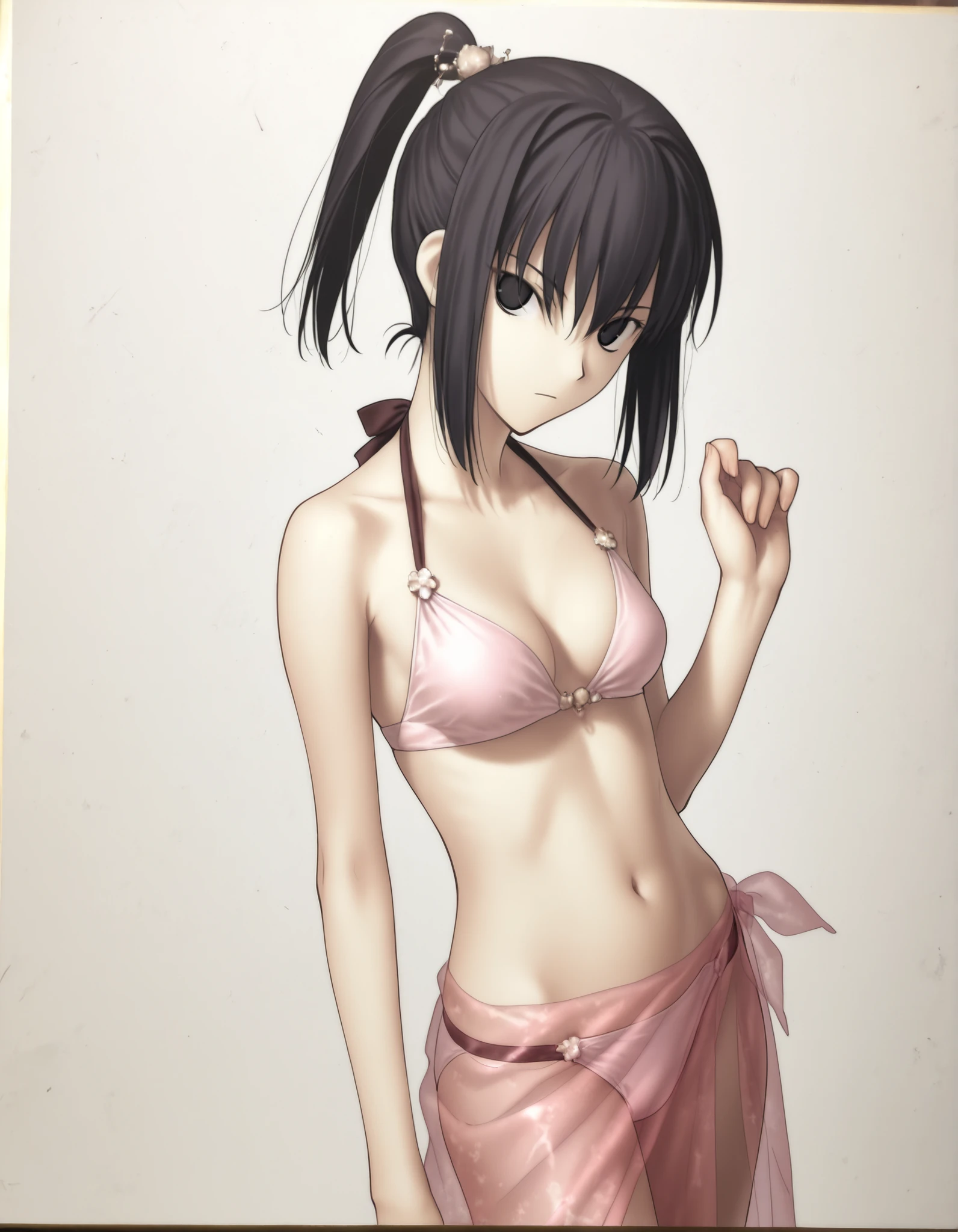 (sunlight) ,(white background, simple background),((from above)),(dark), (dutch angle), pale skin, ((sidelight)),((traditional media)),
                                                                                                                                                                                                                         1girl, solo, <lora:Witch on the Holy Night_illustriousXL:1>, koyama hirokazu style, ,(head tilt),(cleavage), cowboy shot,,
   
girl, slim arms, slim body, ,kuonji alice ,black hair ,short hair ,hair between eyes ,black eyes,(high ponytail),(tsurime),(no pupil), navel, hair ornament, (ribbon  style), light pink , silky , see-through sarong, ,looking at viewer, (small ), , hand up, 