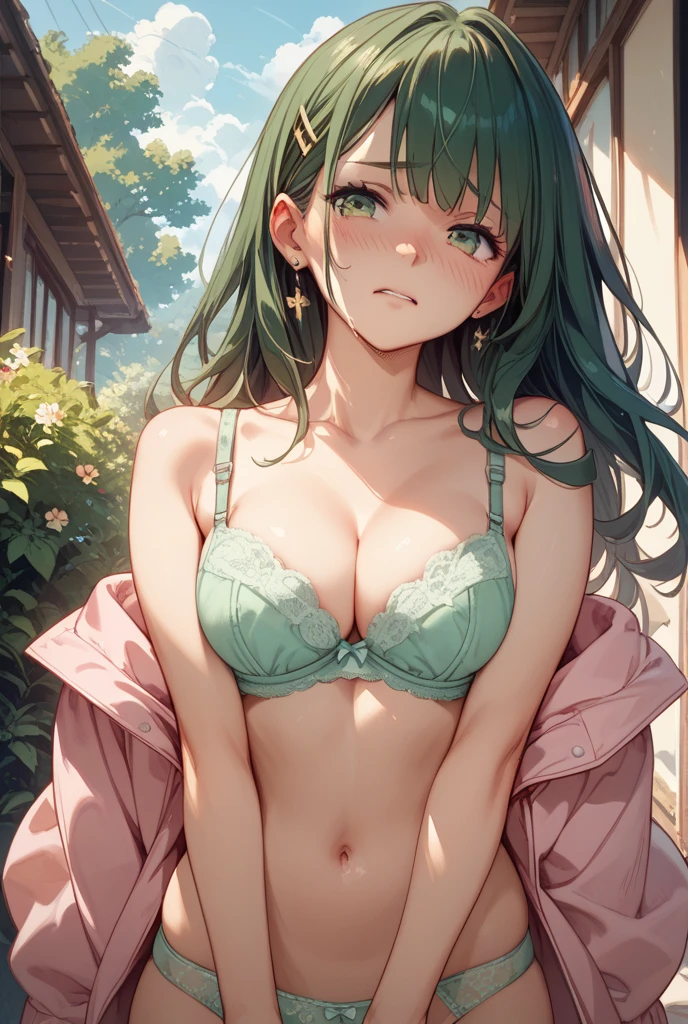 Rebecca, Fire emblem, ((masutepiece)), ((Best Quality)), 8K, detaileds, Ultra-detailed, Detailed and Intricicated, 1girl in, green colored hair, Braids, in one's  only, Light blue , Staring at me in embarrassment,