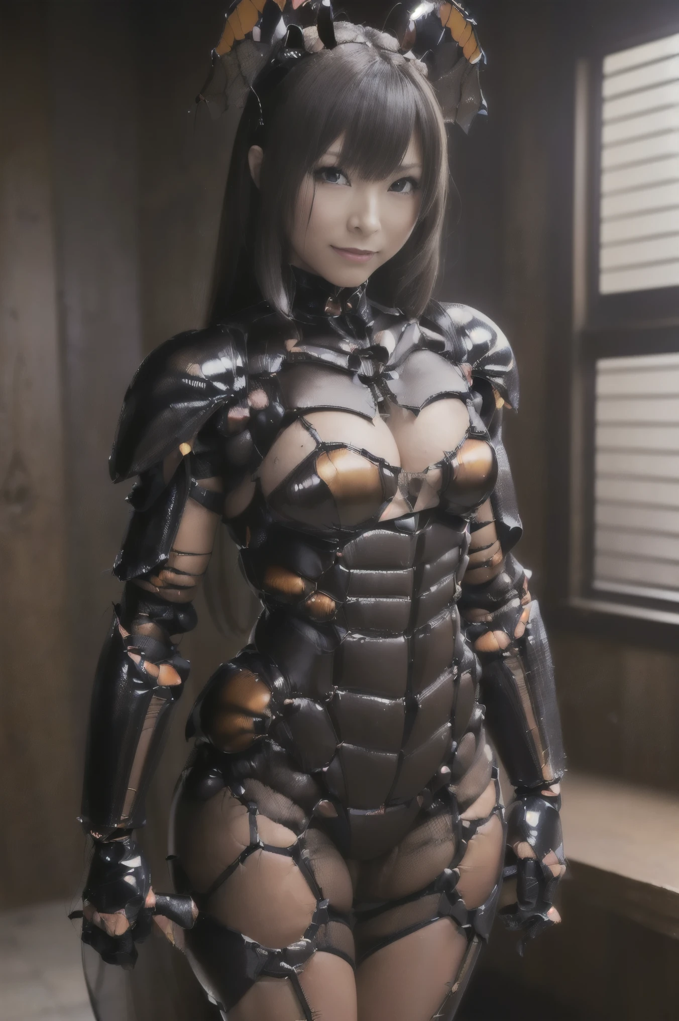 (high resolution,masterpiece,best quality,extremely detailed CG, anime, official art:1.4), realistic, photo, amazing fine details, all intricate, gloss and shiny,awesome many layers, 8k wall paper, 3d, sketch, kawaii, illustration,( solo:1.4), perfect female proportion,villainess, (fusion of dark brown cockroach and lady:1.4), (brown cockroach form lady:1.2), (brown cockroach lady:1.2), (fusion:1.2), (solo:1.4), (evil smile:1.2), muscular, abs, (cockroach brown exoskeleton bio insect suit:1.4), (cockroach brown exoskeleton bio insect armor:1.2), (brown transparency cockroach wing:1.4), (brown cockroach antennae:1.3),