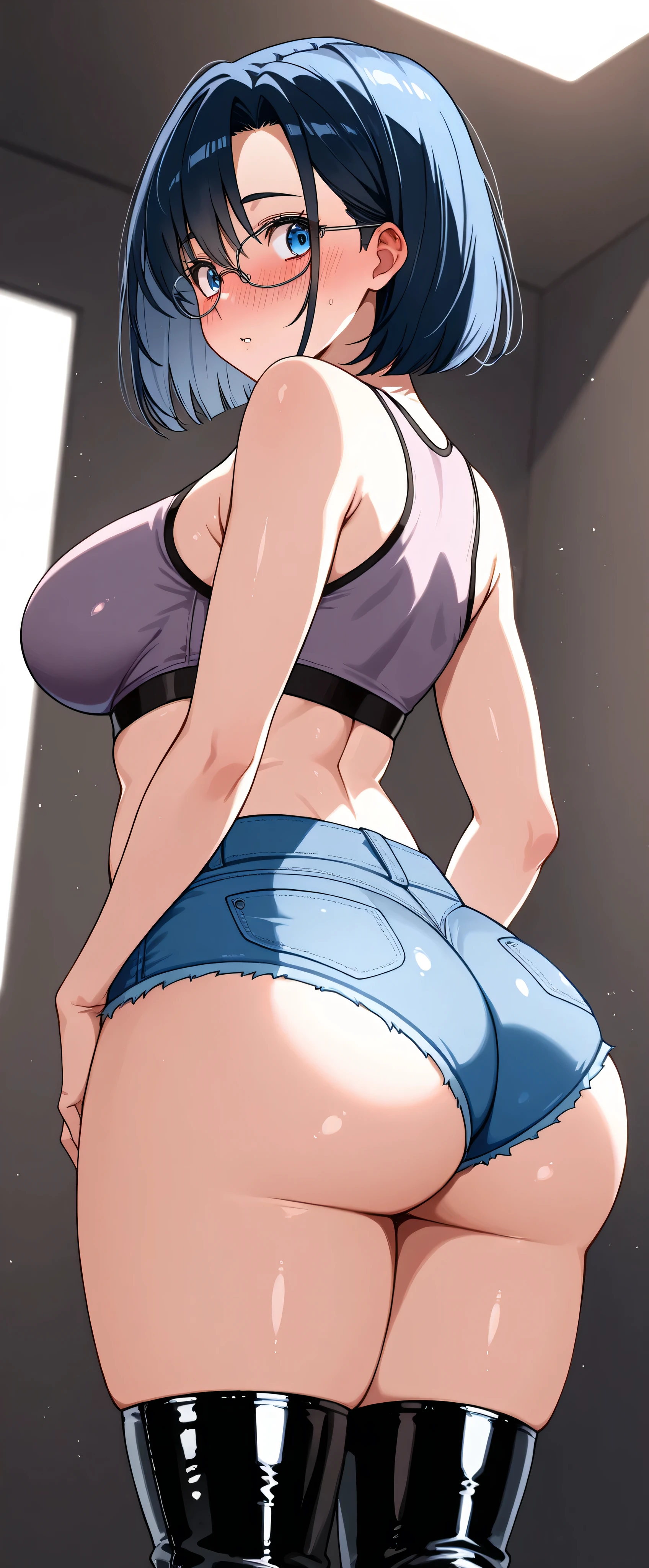 high definition,  Adult Female , Good Lighting, , (I haven't taken off my clothes), (((sports bra,   micro short jeans))), , ((Kaoru Niimi)), (Glasses), Abdominal area only, (looks back),  ,  Cute Face Getting Creampied, I' m I'm so is embarrassing that I blush, is embarrassing,big ass ,Latex Long Boots