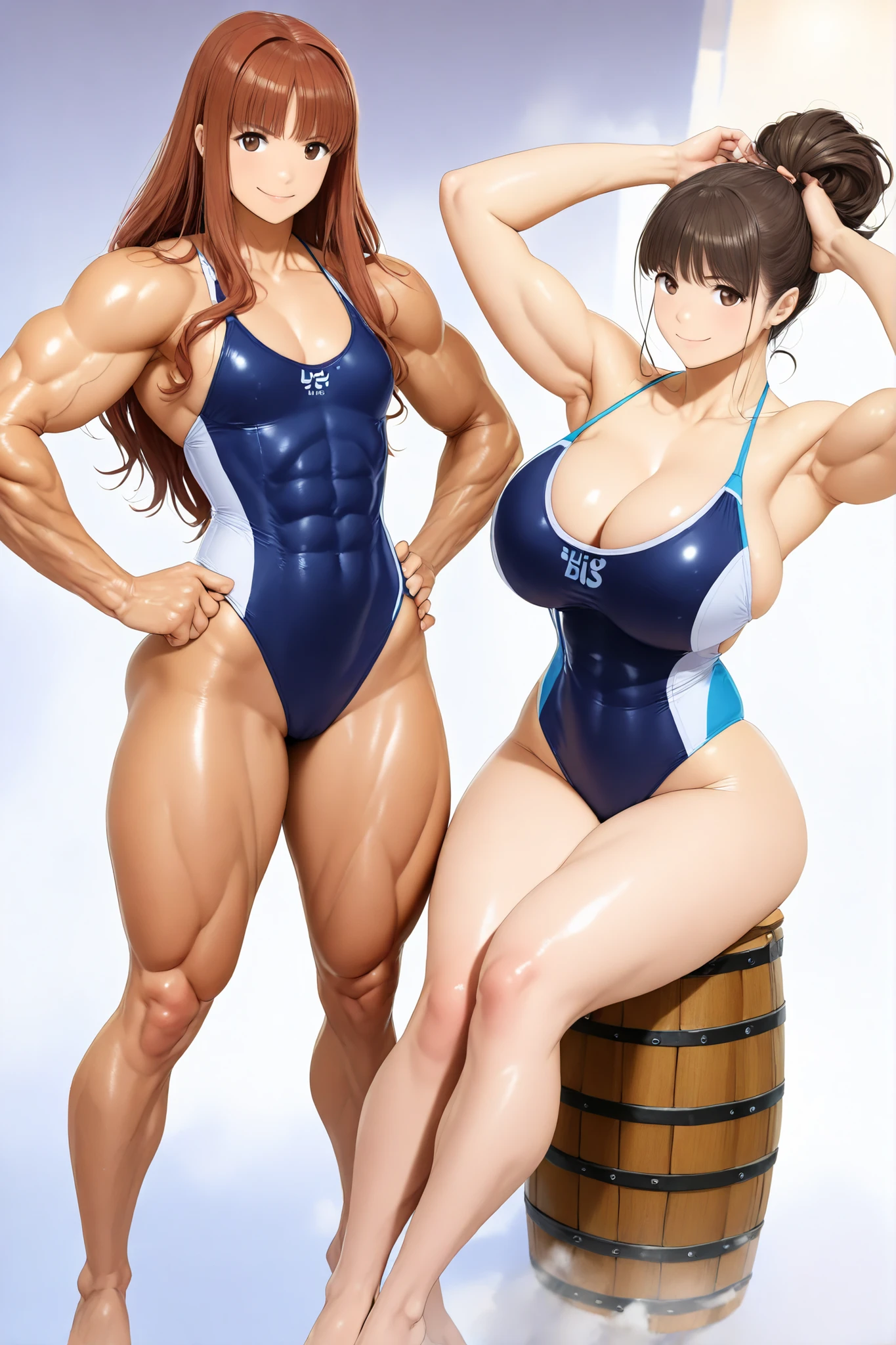 score_9, score_8_up , score_7_up , just describe what you want, tag1, tag2,official art, official style,anime capture, anime coloring, anime screenshot, game cg,illustration,(type-moon style:1.3),(Azur Lane style:1.5),(masterpiece:1.5),(most detailed:1.5), (high resolution:1.5), (best quality:1.5),(perfect anatomy:1.5), (4K:1.3),((from above:2.0)),(2 girls:1.3),(Lily is sitting and open legs and legs lift on the right:1.5), (Lala is sitting on the left:1.5), (mizuno competition swimsuit:1.3), (both have brown hair:1.3), brown eyes,(beautiful girl:1.3),(Lala is a flat chest:1.5, flat chest, flat chest,barrel-shaped body:1.3,big body:1.3, cylindrical body type:1.5,flat chest, flat chest, muscular,muscular,   brawny, beefy, toned body,    abs ,  Wide shoulders, wide chest, wide arms, wide torso,  wide legs  ,competitive swimsuit : 1.5),
(Lily is a huge breasts:1.5 ,huge breasts,boob,mizuno competitive swimsuit,cleavage   ,boob:1.3,glamorous ,voluptuous  ,beautiful breasts  ,     curvy,with natural bangs: 1.5)  ,(Lala is a flat chest:1.5, flat chest, flat chest,barrel-shaped body:1.3,big body:1.3, cylindrical body type:1.5,flat chest, flat chest, muscular,muscular,   brawny, beefy, toned body,    abs ,  Wide shoulders, wide chest, wide arms, wide torso,  wide legs  ,competitive swimsuit : 1.5), ,(　japanese sauna, Wooden chairs, dim lighting, steam, fog , sauna plants  :1.3　　　),smile:1.3,(no background:1.5),