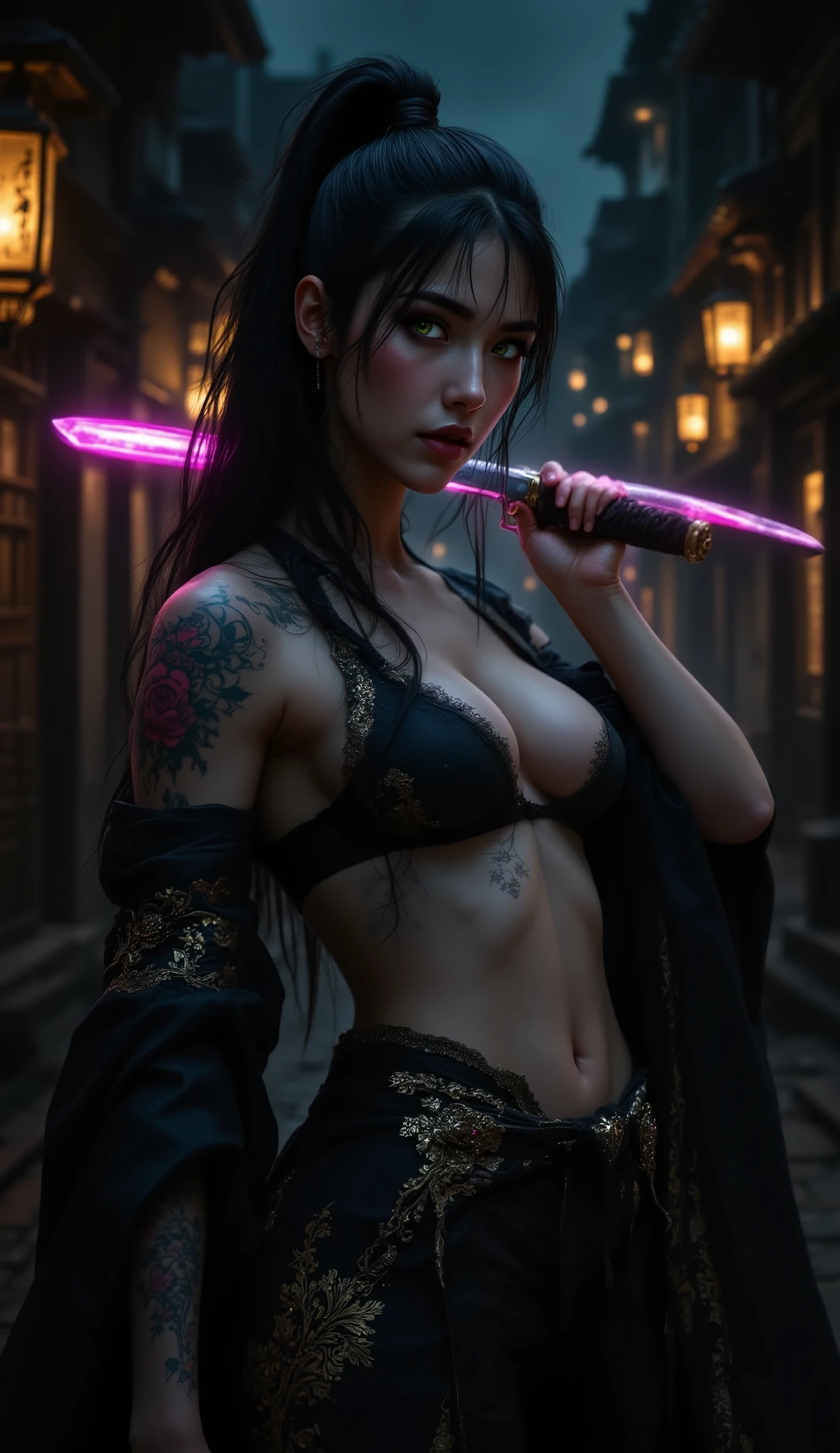A striking young woman, dressed in the style of a fierce warrior or assassin. She has long, flowing black hair pulled back in a high ponytail and striking yellow-green eyes. She is wearing a revealing black top with ornate gold patterns, a dark kimono-style garment draped over her shoulders, and a colorful tattoo on her left shoulder and arm. She is holding the handle of a katana with a glowing pink blade over her shoulder. The background is a dimly lit, traditional Japanese street at night, with glowing lanterns and architectural details. The style is a detailed, high-quality digital painting.