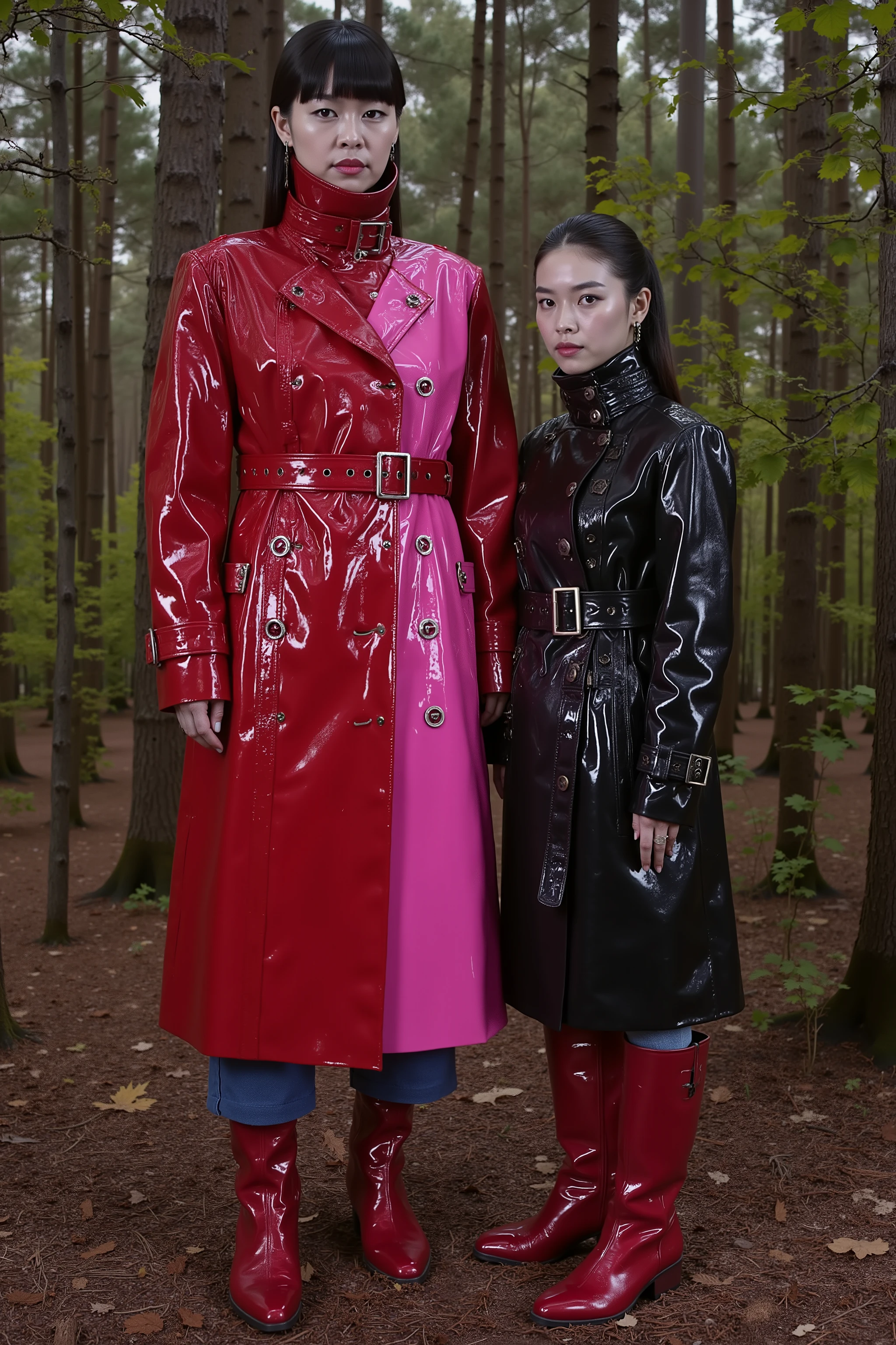 a gigantic 900 pound asian woman as big as a house wears a bright pink and red GothTrench made of heavy vinyl, the jacket has many belts on it made of black vinyl and has silver D rings for attaching restraints, the woman wears blue rubber pants and red leather knee high boots, the woman is standing in a forest dominantly, her right foot looms above a 34 year old woman wearing leather jacket and pants