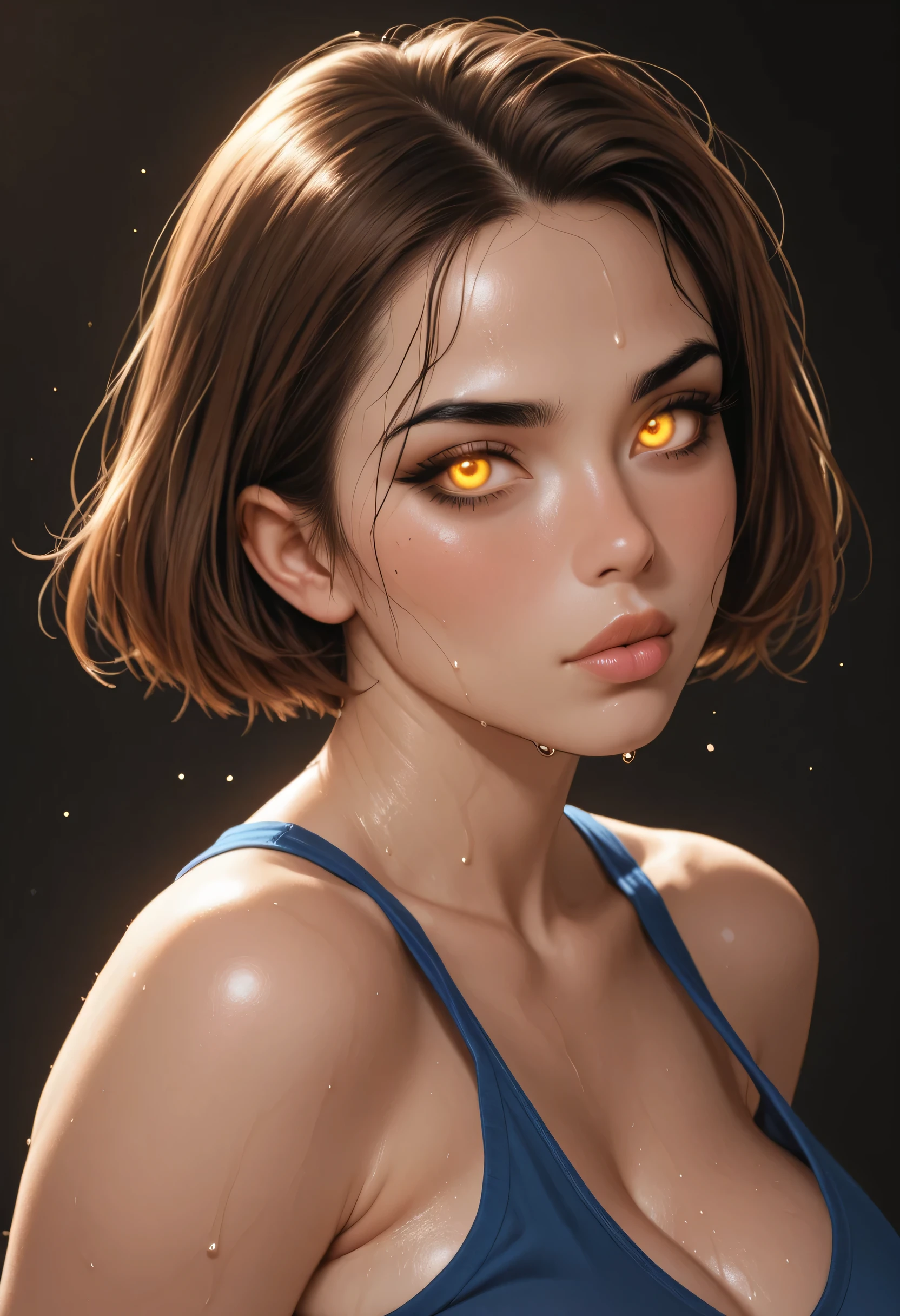 perfect face, face, short hair, brown hair, (forehead:1.1), black eyebrows, thin eyebrows, glowing golden eyes, black eyeliners, nose, thick lips, beautiful woman, big boob, ((blue cami top)), looking at viewer, (sweat:1.3)
