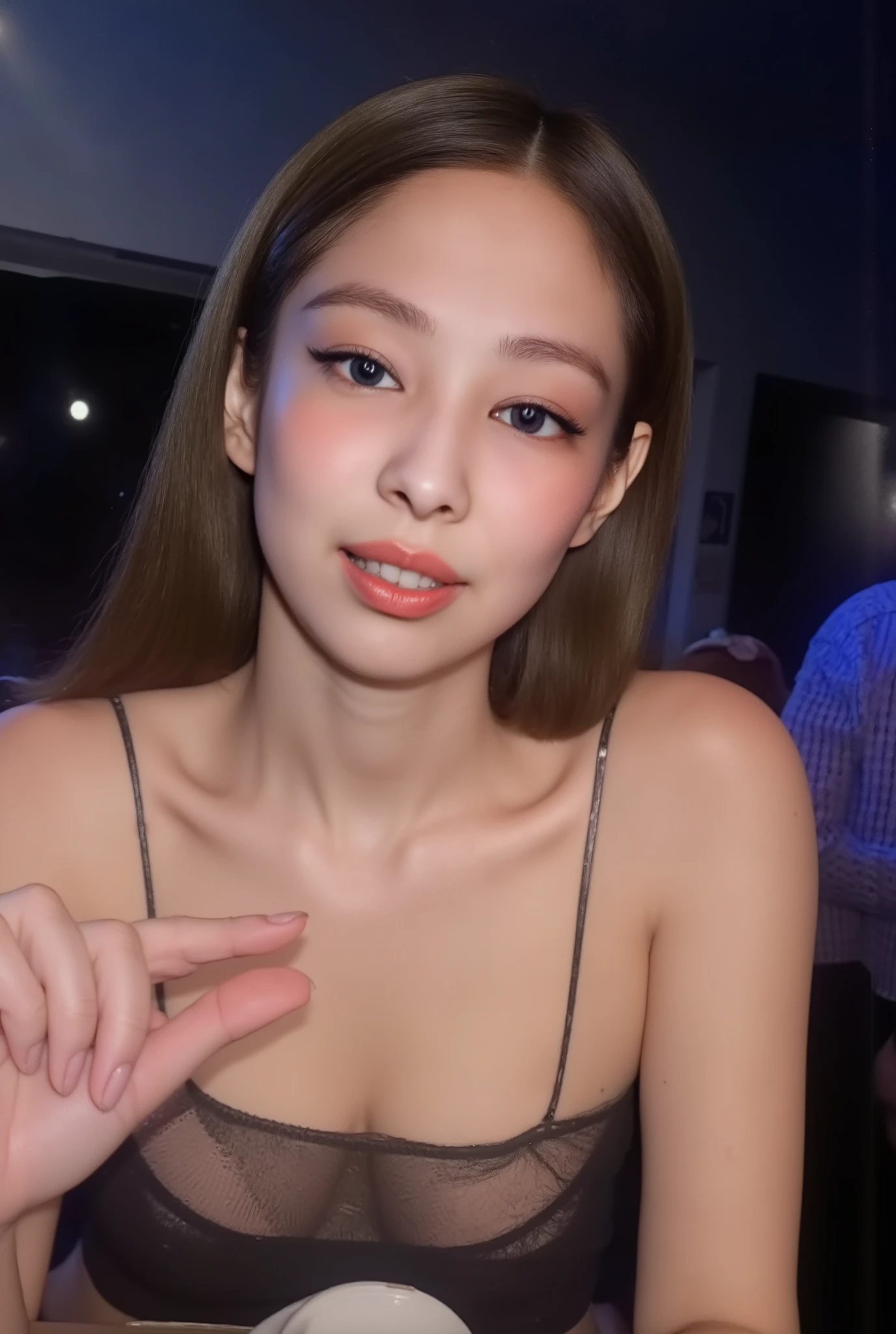 amature photo, A beautiful young girl annoyed. realistic,sphf1ngers, sph, beautiful hand, 5 finger, looking at viewer,indoors, sitting, sweat, laughing woman, night club, party, bar, polaroid photo, five fingers, perfect hands