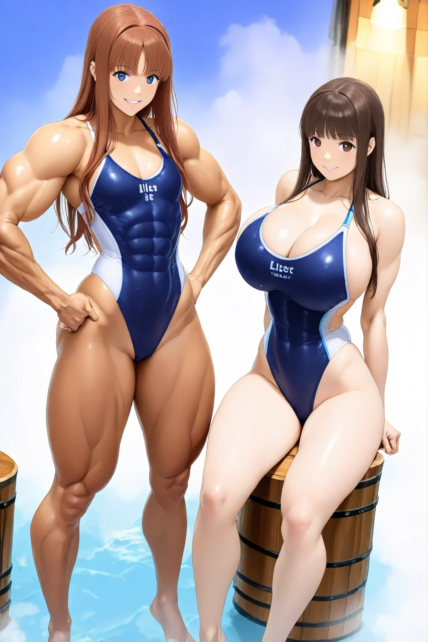 score_9, score_8_up , score_7_up , just describe what you want, tag1, tag2,official art, official style,anime capture, anime coloring, anime screenshot, game cg,illustration,(type-moon style:1.3),(Azur Lane style:1.5),(masterpiece:1.5),(most detailed:1.5), (high resolution:1.5), (best quality:1.5),(perfect anatomy:1.5), (4K:1.3),((from above:2.0)),(2 girls:1.3),(Lily is sitting and open legs and legs lift on the right:1.8), (Lala is standing on the left:1.5), (mizuno competition swimsuit:1.3), (both have brown hair:1.3), brown eyes,(beautiful girl:1.3),(Lala is a flat chest:1.5, flat chest, flat chest,barrel-shaped body:1.3,big body:1.3, cylindrical body type:1.5,flat chest, flat chest, muscular,muscular,   brawny, beefy, toned body,    abs ,  Wide shoulders, wide chest, wide arms, wide torso,  wide legs  ,competitive swimsuit : 1.5),
(Lily is a huge breasts:1.5 ,huge breasts,boob,mizuno competitive swimsuit,cleavage   ,boob:1.3,glamorous ,voluptuous  ,beautiful breasts  ,     curvy,with natural bangs: 1.5)  ,(Lala is a flat chest:1.5, flat chest, flat chest,barrel-shaped body:1.3,big body:1.3, cylindrical body type:1.5,flat chest, flat chest, muscular,muscular,   brawny, beefy, toned body,    abs ,  Wide shoulders, wide chest, wide arms, wide torso,  wide legs  ,competitive swimsuit : 1.5), ,(　japanese sauna, Wooden chairs, dim lighting, steam, fog , sauna plants  :1.3　　　),smile:1.3,(no background:1.5),