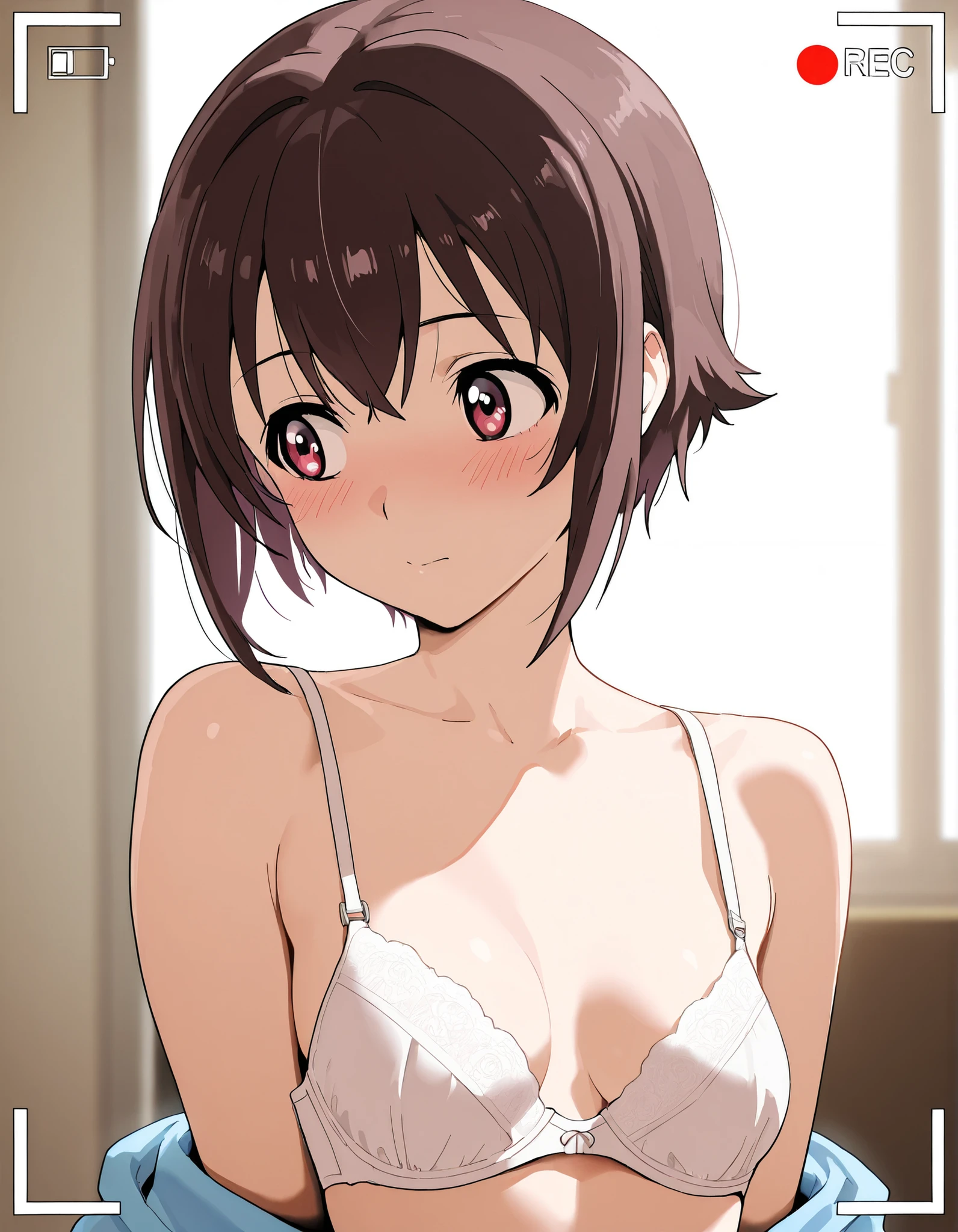 {{upper body}} {{Artist: sincos}} 1girl, cute female, dark brown hair, short hair, pixie cut, bangs, big doe lilac eyes, curvy body, big breasts, , indoors, bedroom, laying on bed, pov, modern days.