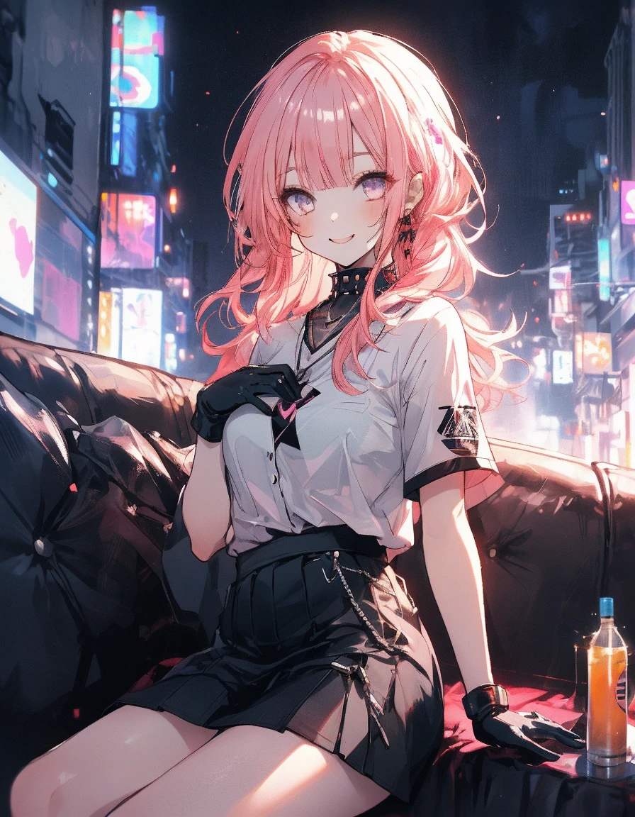 A girl，Solitary，Pink long hair，Moderate，Smile，Medium-length hair，Messy hair，Short sleeve，Short sleeve游戏服，Black skirt，Black gloves，Cyberpunk Characters,night, night city background，Cyberpunk, Anime style 4K, Sitting on the sofa，indoors，In the restaurant，Black Ayase Eue、Character-centered