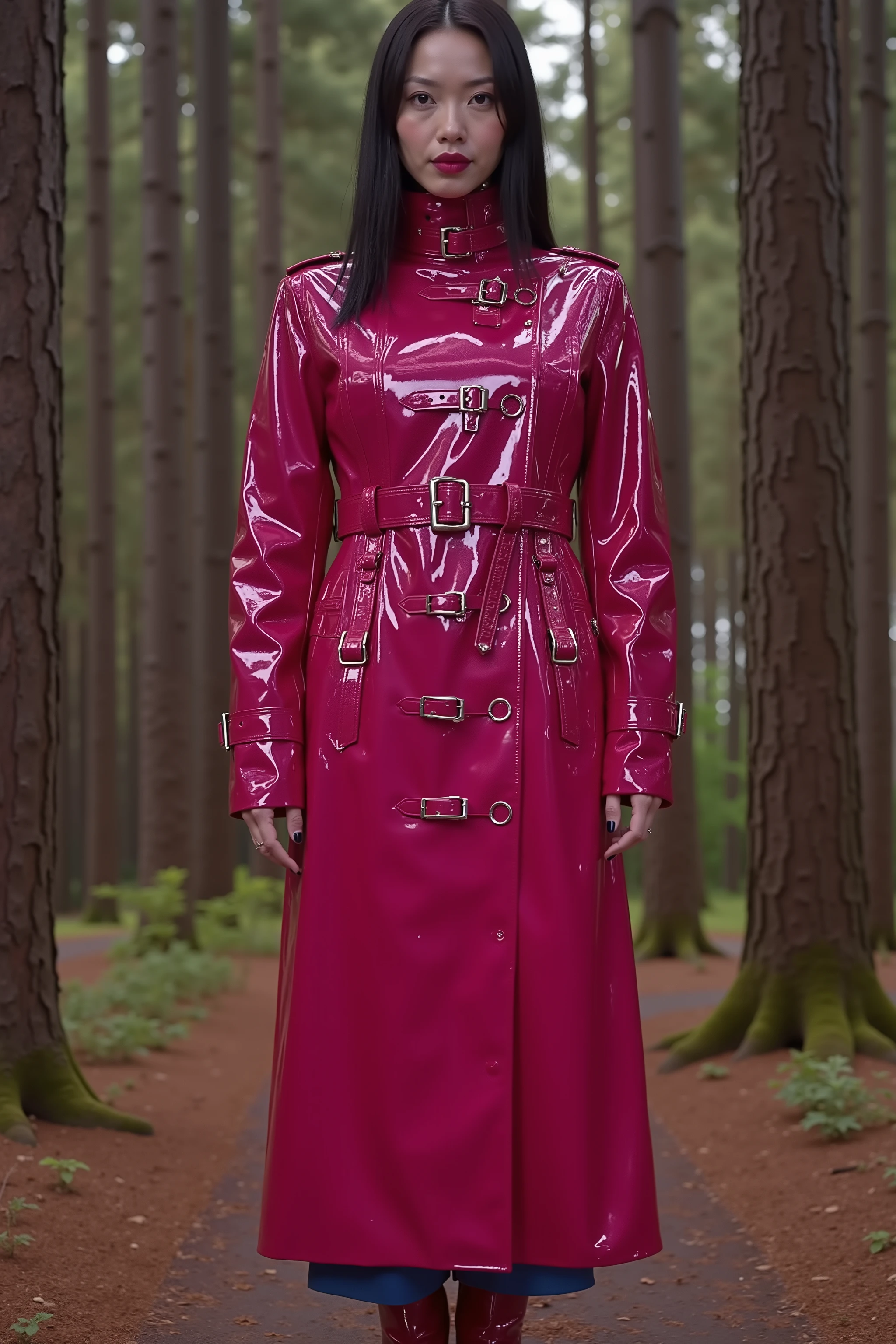 a gigantic 900 pound asian woman as big as a house wears a bright pink and red GothTrench made of heavy vinyl, the jacket has many belts on it made of black vinyl and has silver D rings for attaching restraints, the woman wears blue rubber pants and red leather knee high boots, the woman is standing in a forest