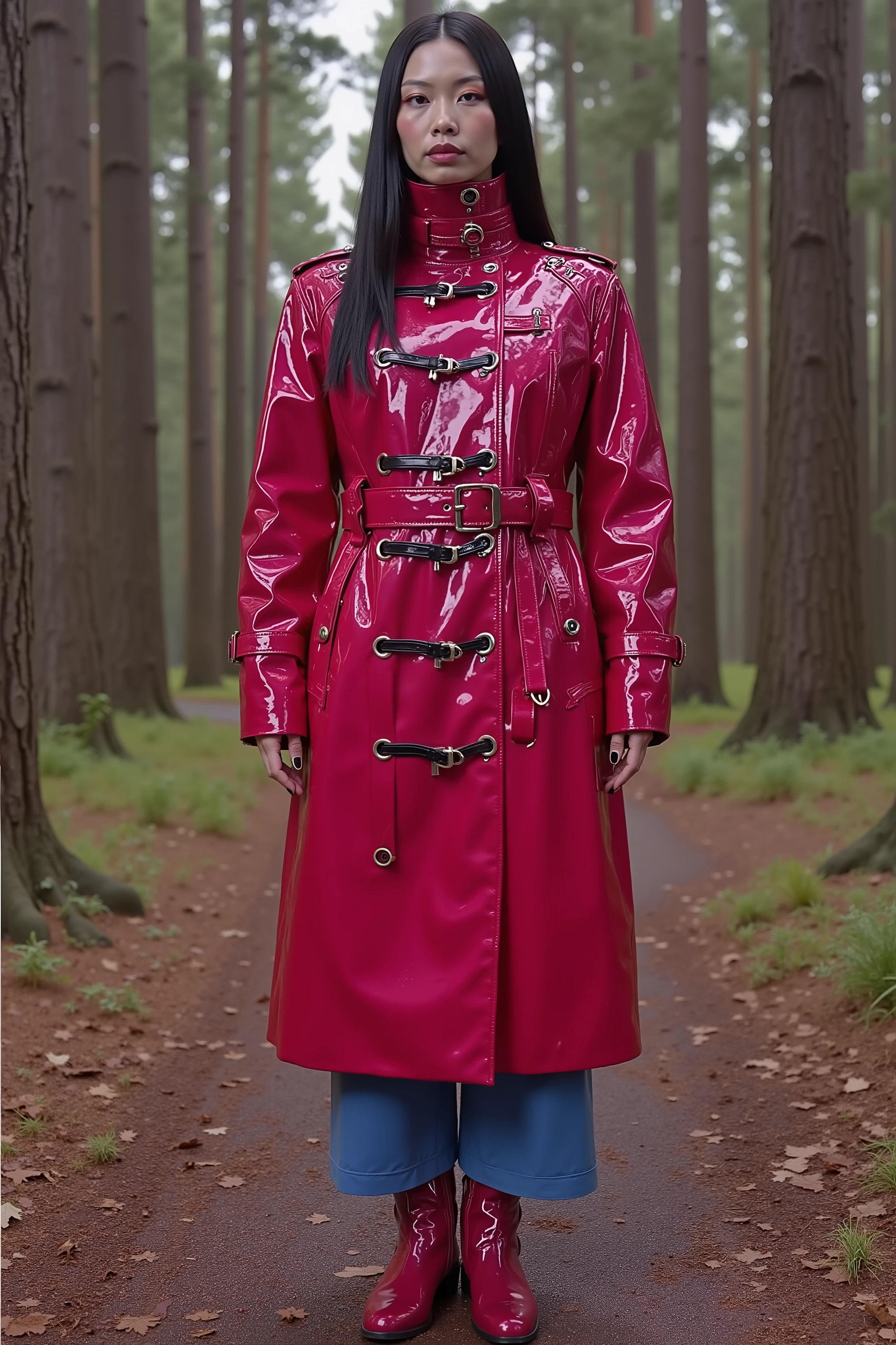 a gigantic 900 pound asian woman as big as a house wears a bright pink and red GothTrench made of heavy vinyl, the jacket has many belts on it made of black vinyl and has silver D rings for attaching restraints, the woman wears blue rubber pants and red leather knee high boots, the woman is standing in a forest