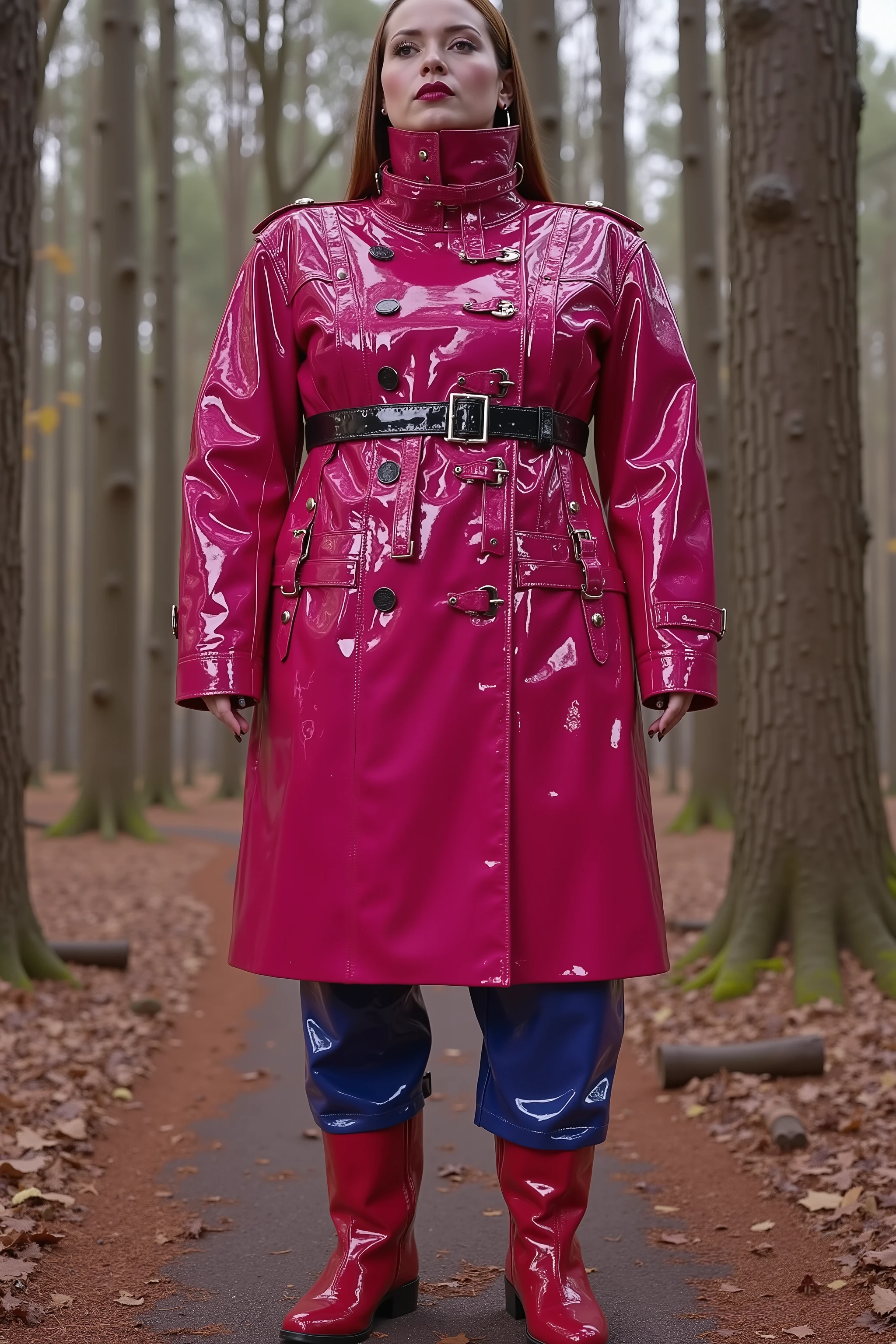 a gigantic 900 pound asian woman as big as a house wears a bright pink and red GothTrench made of heavy vinyl, the jacket has many belts on it made of black vinyl and has silver D rings for attaching restraints, the woman wears blue rubber pants and red leather knee high boots, the woman is standing in a forest