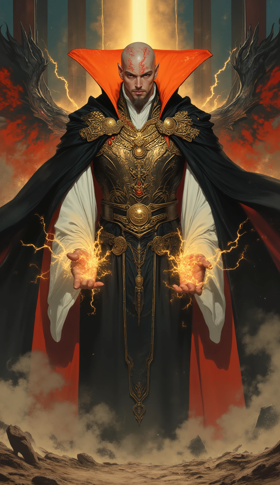 Masterpiece, best quality, hyper-detailed, professional anime illustration, fantasy concept art. A majestic and powerful bald man, a fantasy wuxia overlord, in a dynamic power stance. Intricate red tattoos flow from his scalp across his chiseled, angular face. He has deep, wise eyes, a neatly trimmed goatee, and a serious, authoritative expression. He is muscular, with broad shoulders and a strong physique. He wears an ornate dark fantasy long robe with luxurious gold pauldrons, over a high-collared dark shirt with white sleeves. A magnificent dark cloak with a vibrant orange-red lining billows behind him. He is adorned with a multi-layered opulent gold necklace and a large round brooch. The ground shatters beneath him, debris flying. His hands glow with brilliant, dazzling light, and his body is wreathed in crackling electrical arcs. Cinematic lighting, epic atmosphere, full of power. Perfect anatomy, perfect hands, five fingers.