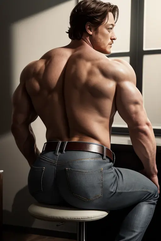 Super muscular mesomorph body type hunk very handsome muscular beefy arab man in office shirt, pectorales redondos y masivos abultados, enormes brazos, nalgon, full body session, jeans grises backside 