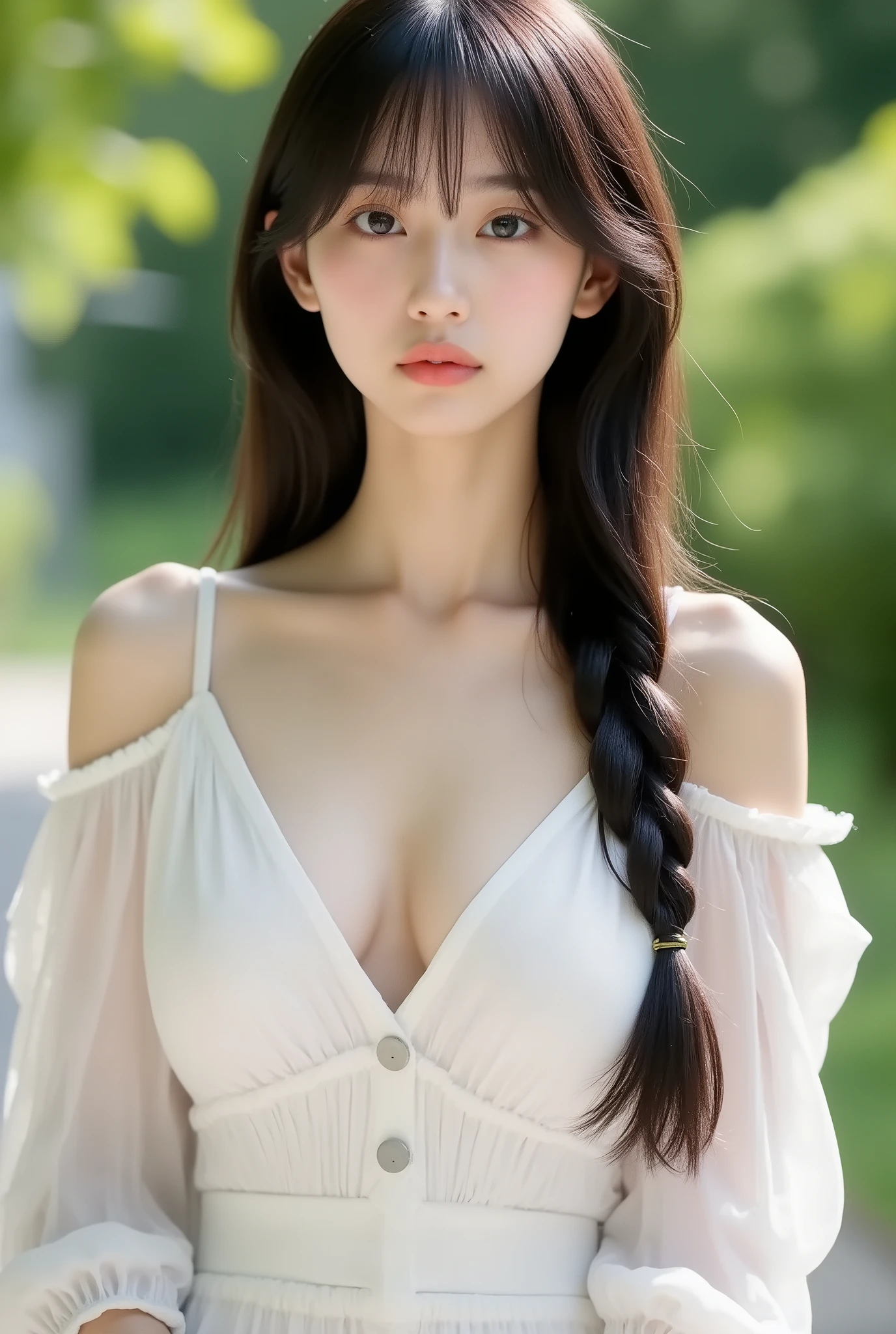 Extremely beautiful cute Indian woman similar to Ueto Aya when she was young、extremely slender waist belt 、狭い谷間の非常にBIG BREASTS(BIG :1.9)、とてもbig eyes(big eyes:1.6)、thin lips、Tie your hair back、White pleated dress with a wide open chest、Exposing Lower  Skin 、Extremely small amount of cohesive hair、Braided Hair、no gap between right and left breasts、thin lips